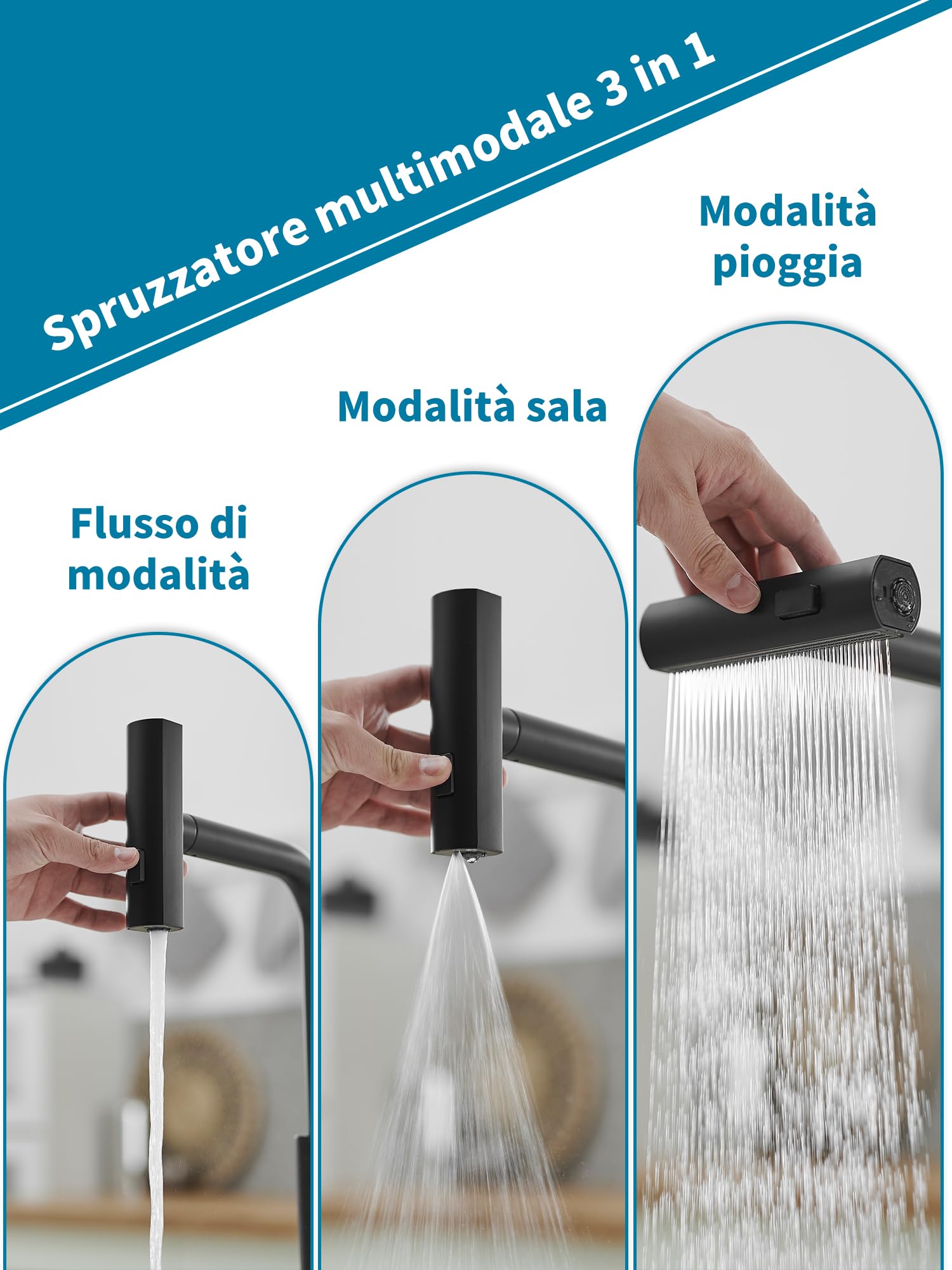 Rubinetto da Cucina Nero con Spruzzatore Estraibile, Rubinetto da Cucina a Cascata in Acciaio Inossidabile, Rubinetto Per Lavello da Cucina Monocomando con Spruzzatore Estraibile Per 3 Funzioni