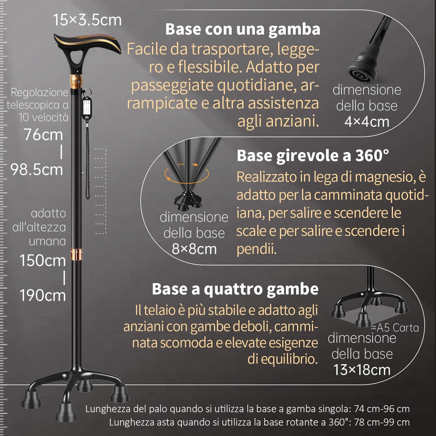 Bastone da passeggio multifunzione da uomo e da donna, con funzione di allarme e illuminazione a LED, dotato di 3 diversi tipi di attacco, bastoni da passeggio di alta qualità per anziani