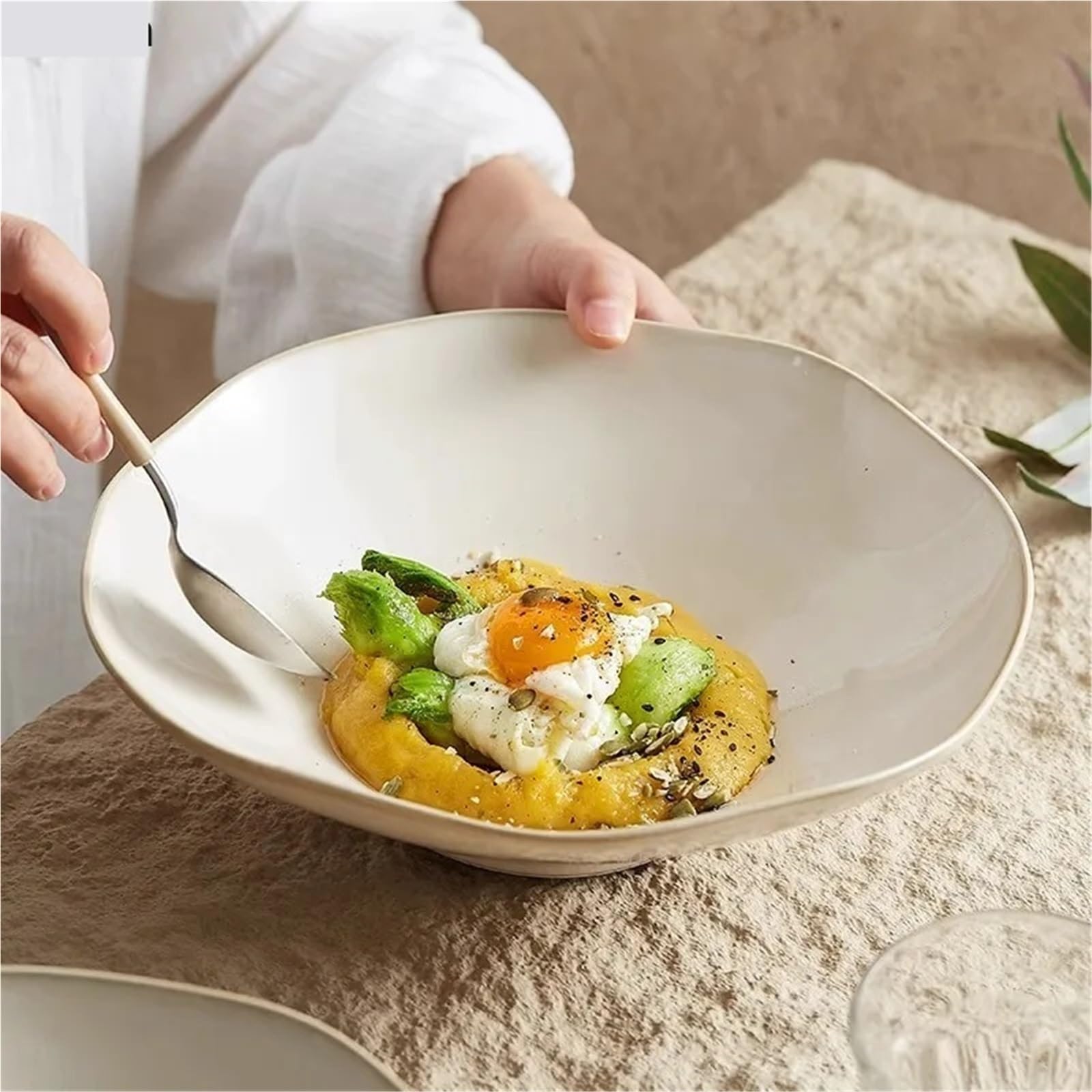 Ensaladeras Cuenco de cerámica Cuenco de Postre Irregular Cuenco de Sopa Cuencos de Espagueti Ensaladeras Cuencos hondos para Cereales, Ensalada(25.7 * 7.5cm)