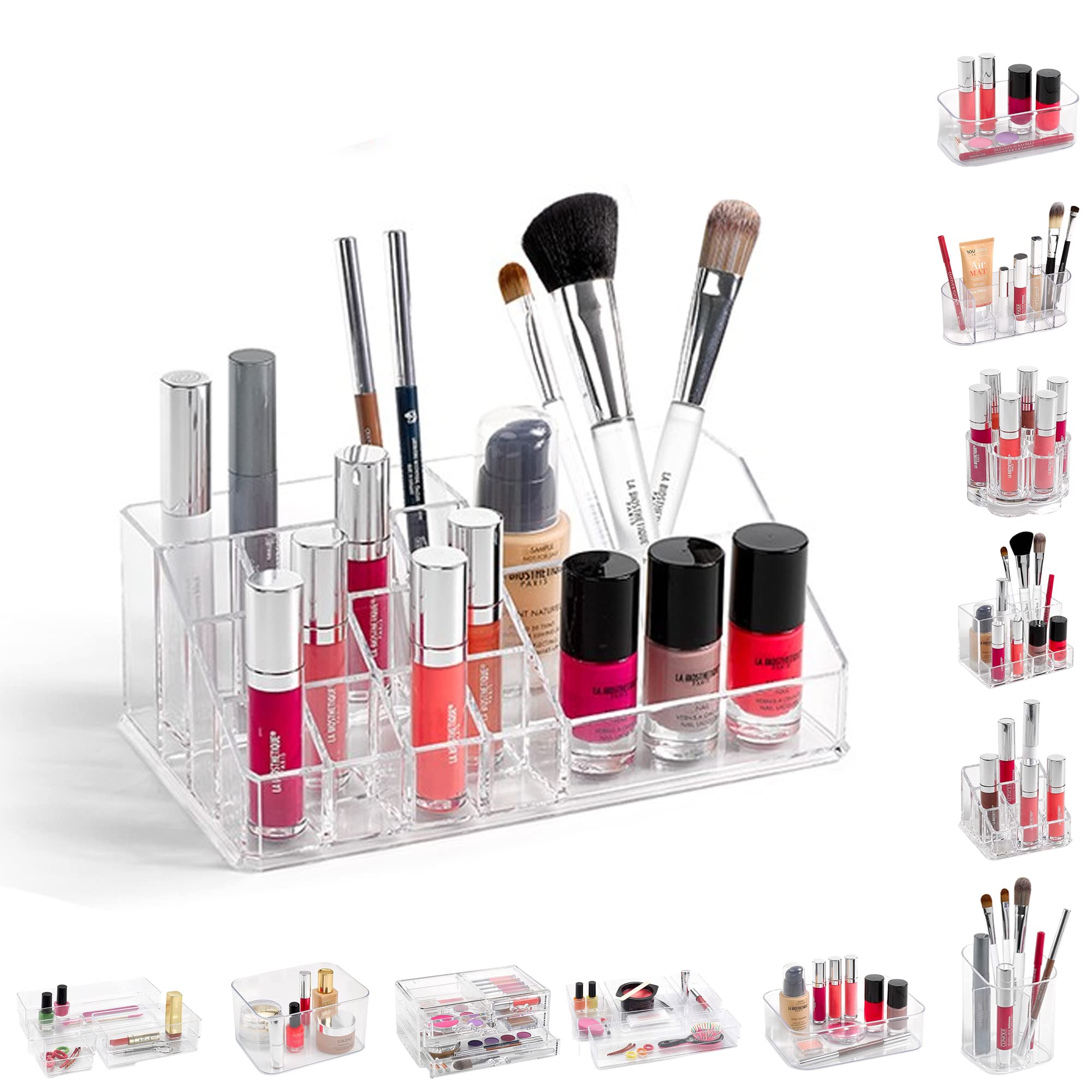 Plastific Clear Acrylic Makeup Cosmetic Multi-Function Organiser, Lipsticks Brush Organizer Great Capacity For Dresser, Vanity Table, Bedroom And Bathroom (16 Compartments (12.7 X 22.2 X 8Cm))