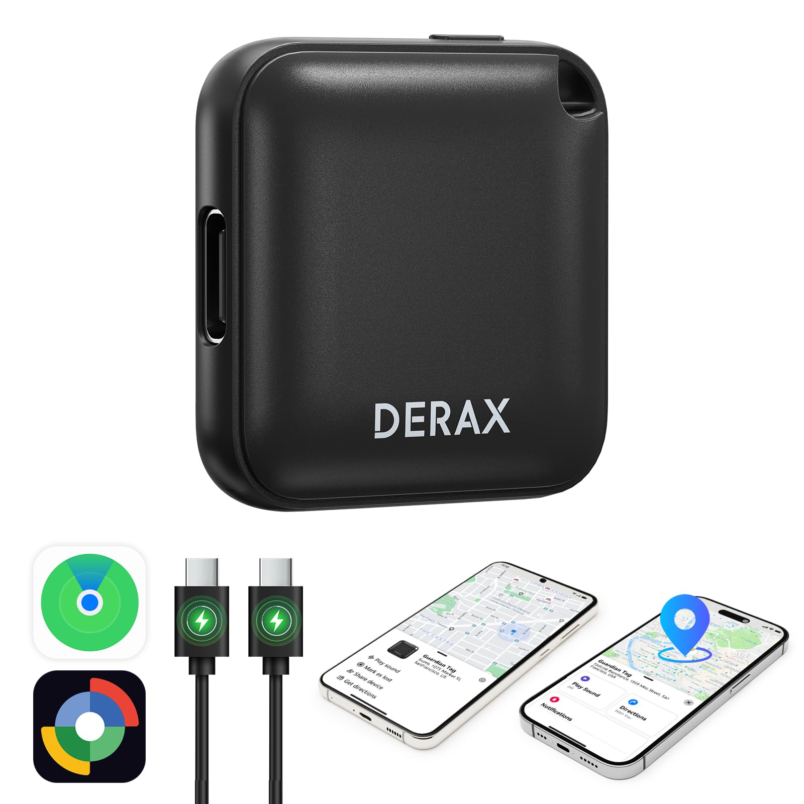 DERAX Bluetooth Tracker (iOS and Android), USB-C Rechargeable Tracker Tags Compatible with iOS and Android, Anti-Lost Item Finder for Keys Wallet Luggage Backpack, Black-image-0