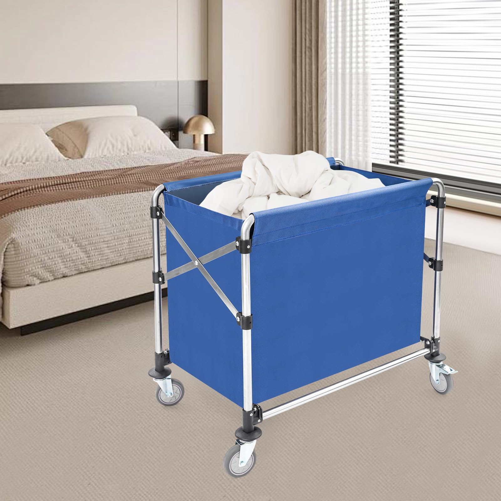 Carro de lavandería con ruedas, de acero inoxidable, carrito de lavandería comercial con bolsa de tela Oxford extraíble, carrito de lavandería plegable, capacidad de carga de 200 kg (azul, 87 x 85 x