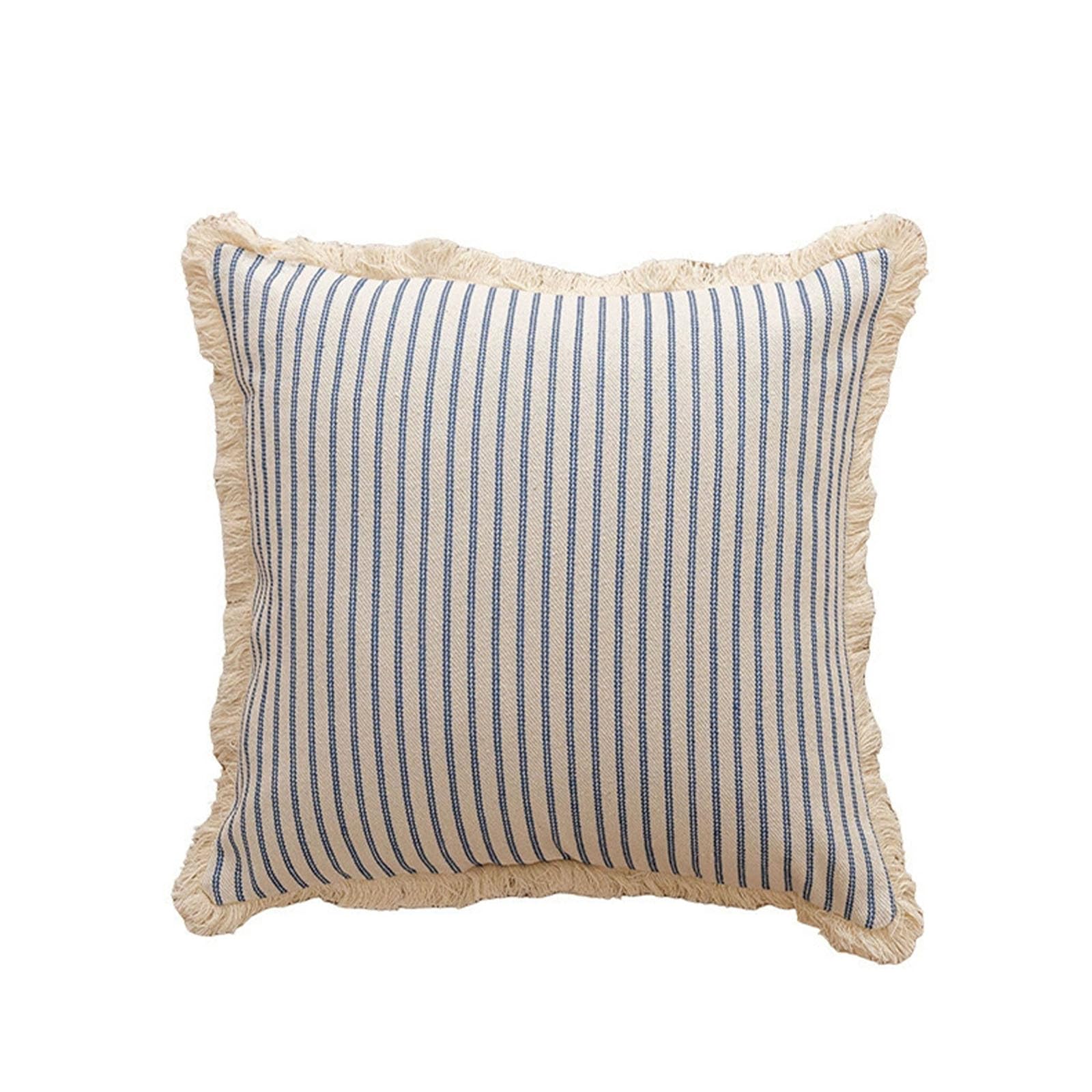AXCTYSFP Decorative Linen Striped FringeThrow Pillow Covers Cozy Farmhouse Boho,Blue,50 * 50cm