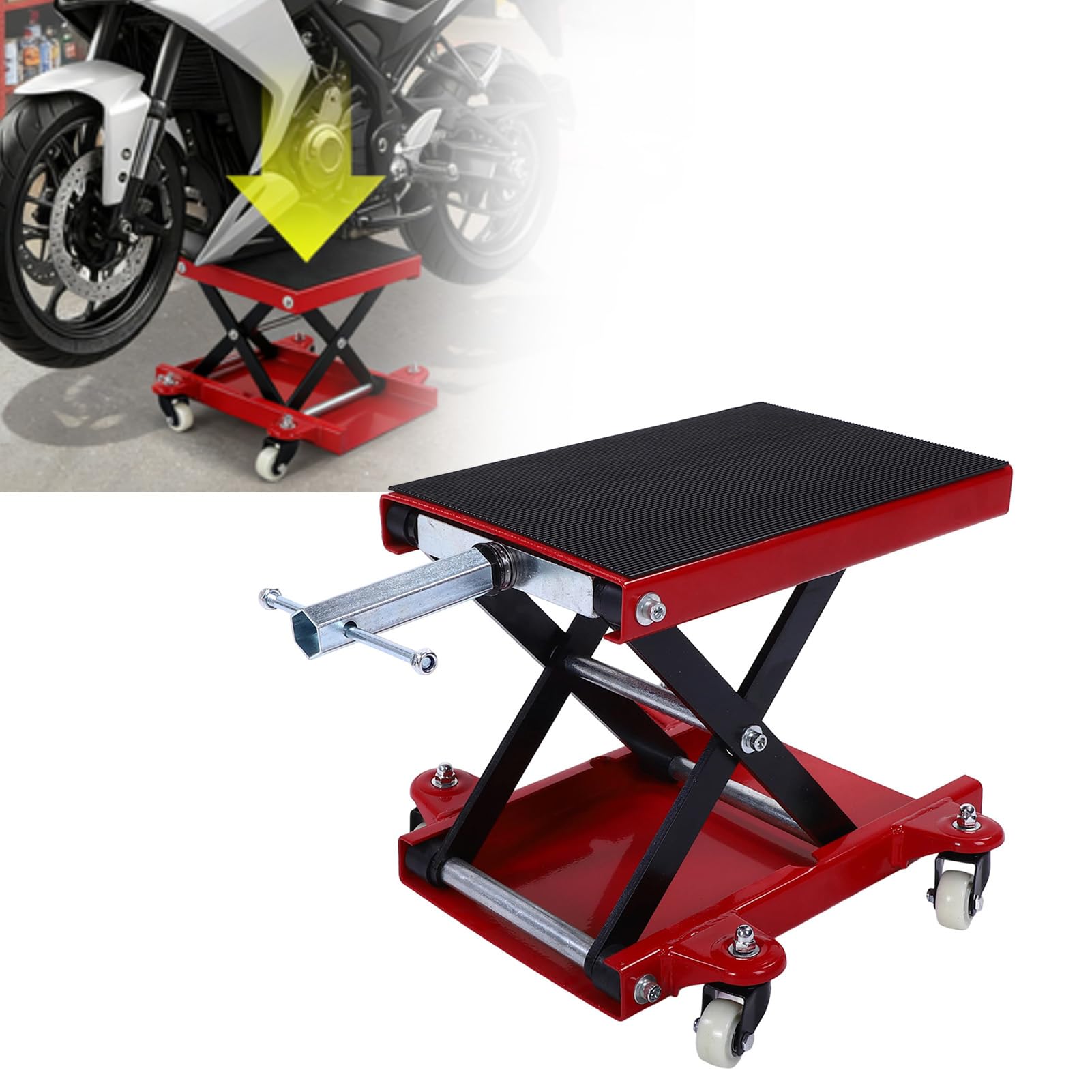 Akozon Gato Tijera para Moto 510kg de Capacidad, Rango de Elevación de 4,3 a 14,7 Pulgadas, Plataforma Ancha con 4 Ruedas para Motos Cruiser, Touring y Callejeras