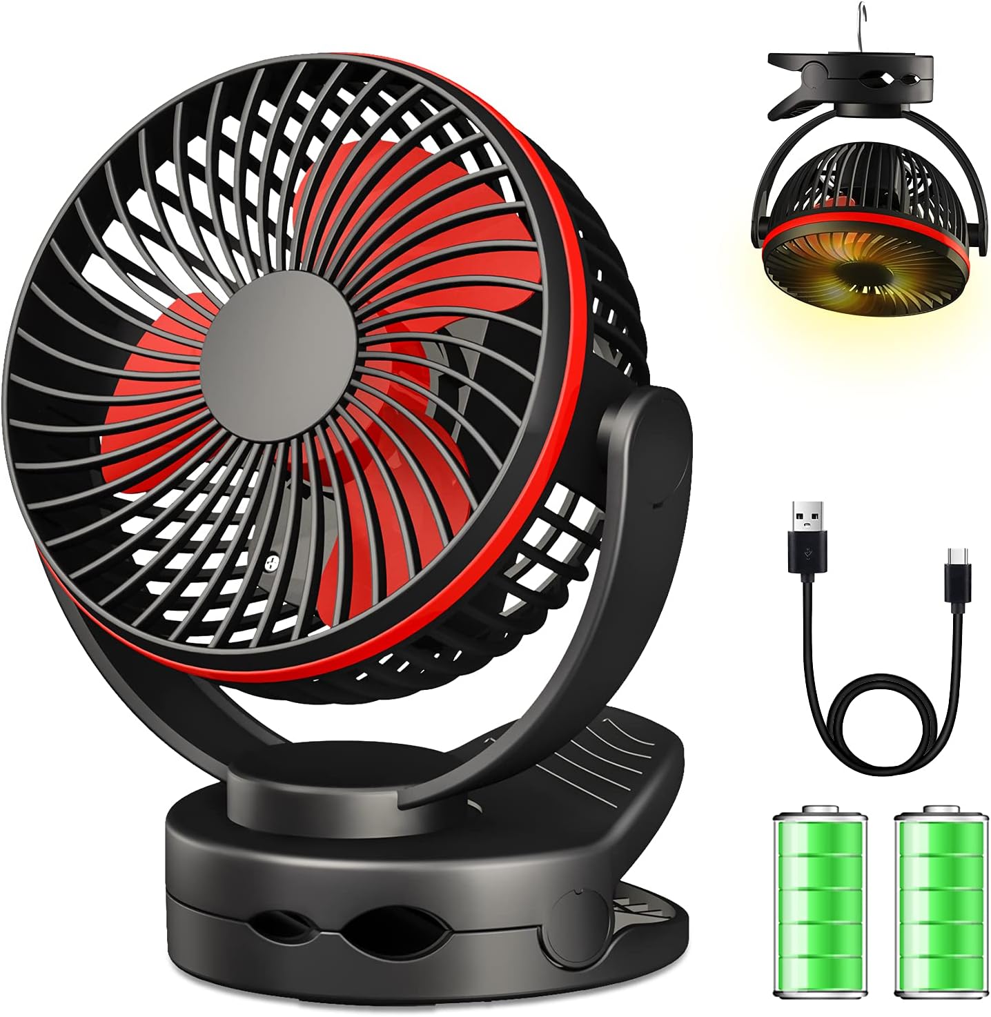 Clip On Mini Desk Fan - Battery Operated, Ultra Quiet 4-Speed With Warm Night Light, 3600mAh USB Rechargeable for Baby Stroller, Home Office, Buggy, Outdoor Camping