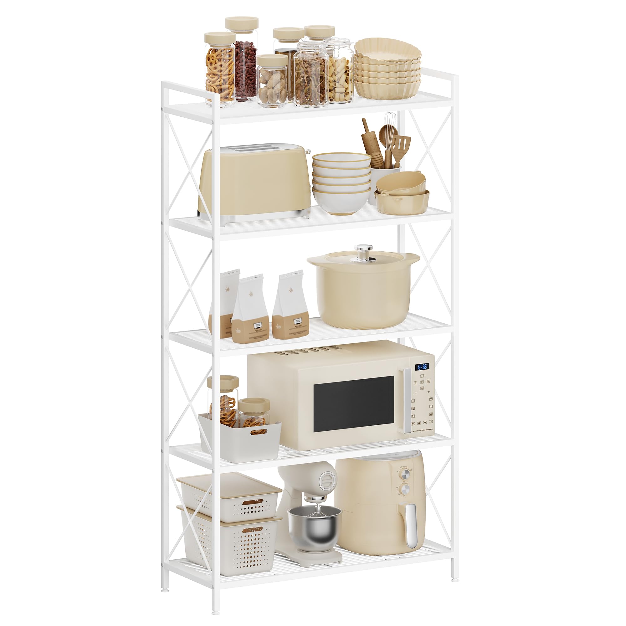 SONGMICS 5-Tier Metal Storage Rack, Shelving Unit with X Side Frames, Dense Mesh, 12.6 x 31.5 x 57.3 Inches, for Entryway, Kitchen, Living Room, Bathroom, Industrial Style, Cloud White UBSC1