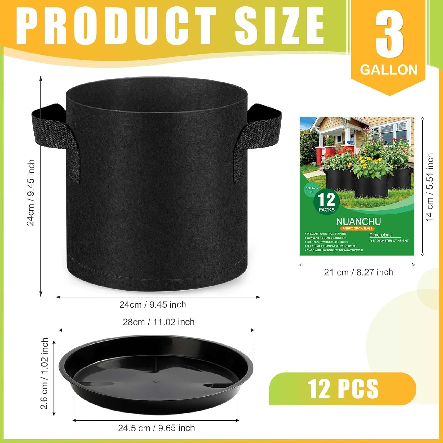 Funnymoom 12 Sets 3 Gallon Grow Bags with Plant Saucers, Durable Fabric Plant Pots with Handles, Aeration Drainage Planter Bags for Planter, Reusable Garden Bags Drip Trays Set for Indoor Outdoor