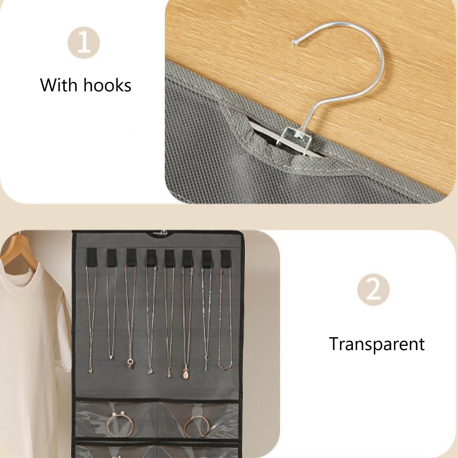 Organizer per Gioielli,Organizzatore di Gioielli da Appendere,Storage Doppia Faccia per Gioielli,Hanging Jewelry Organizer per Armadio,Doppia Faccia Porta Gioielli da Appendere con 48 Tasche(bianco)
