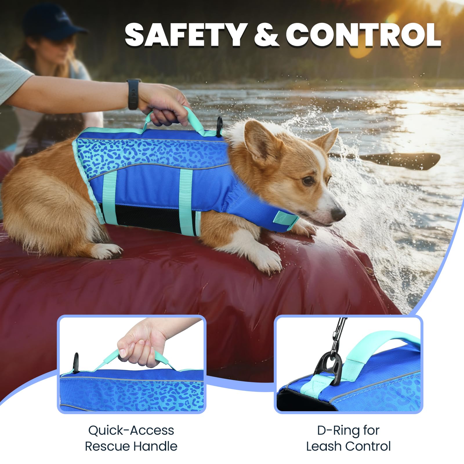 VIVAGLORY Front Float Schwimmweste Hund, Hundeschwimmweste für Bootfahren, Schwimmweste with Kopfstütze, Auftrieb & Schwimmhilfe, XS, Dunkelblau