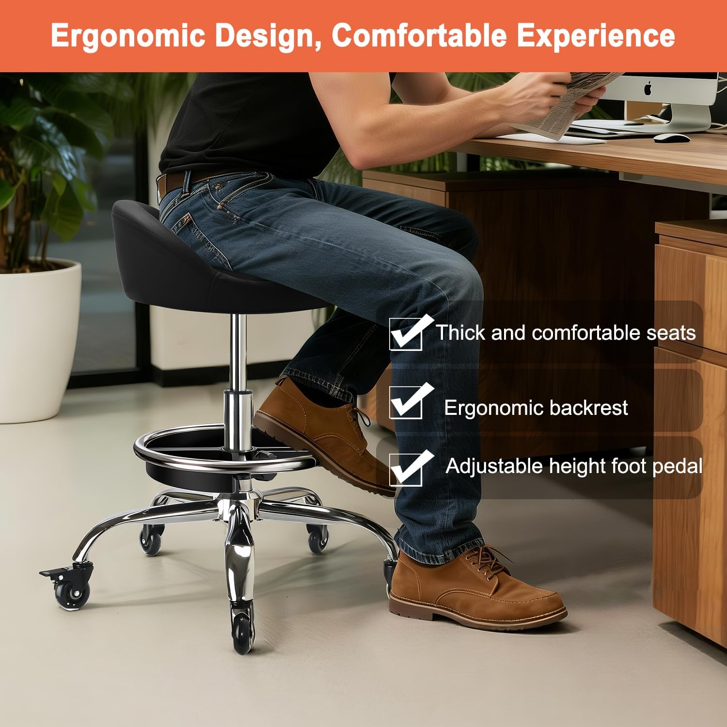 Garage Mechanic Stool Chair, Rolling Workshop Stool with Tool Tray Storage, Height Adjustable Heavy Duty Swivel Task Chair, Mechanic Chair for Garage, Shop, Auto Repair (Style 2)