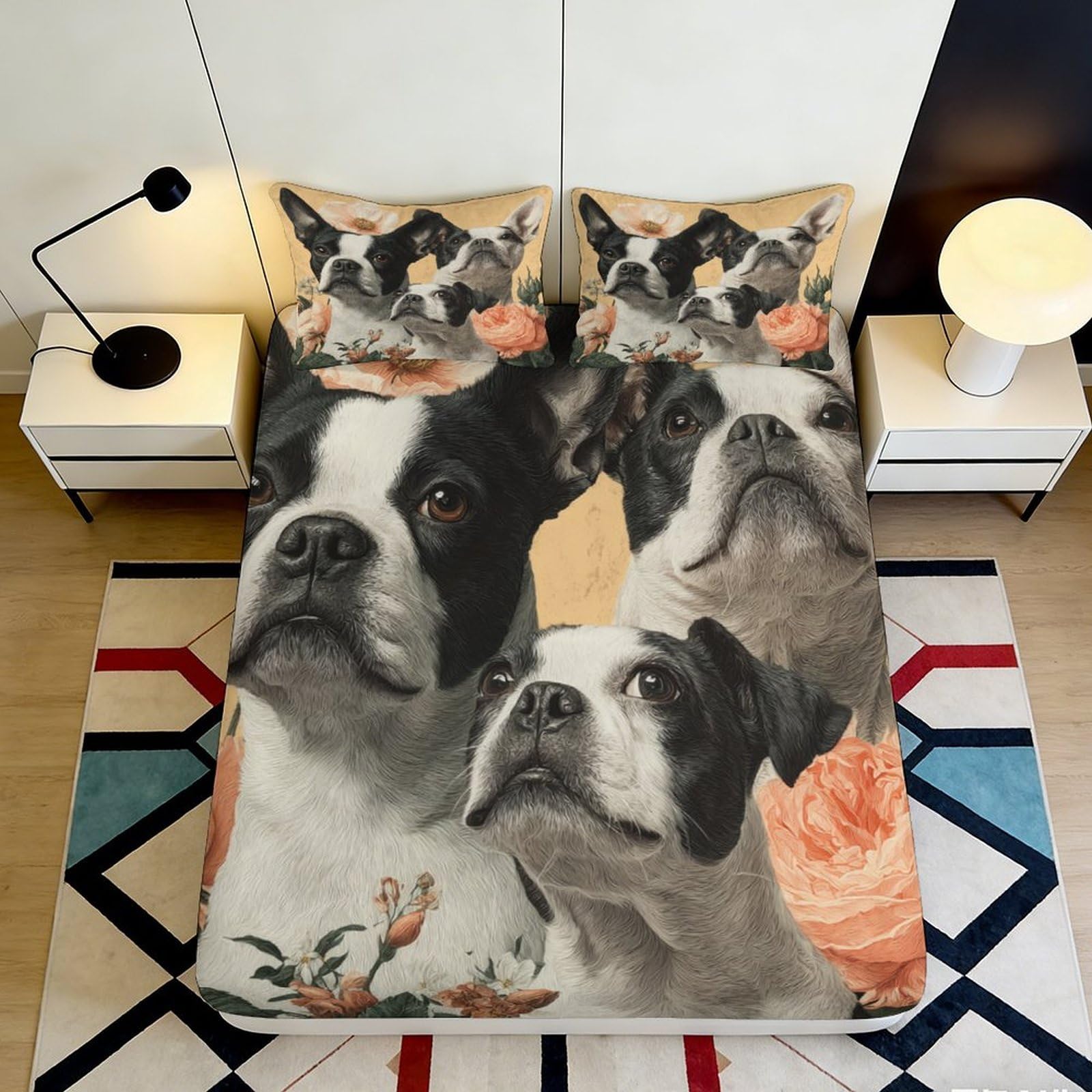 Decorative Boston Terrier Fitted Sheet 3D Printed, Microfiber Soft Touch, Bed Cover for Master Bedroom, Guest Room Bedding, Easy Care, Stylish Accent, Anti-Slip 90x200x25cm