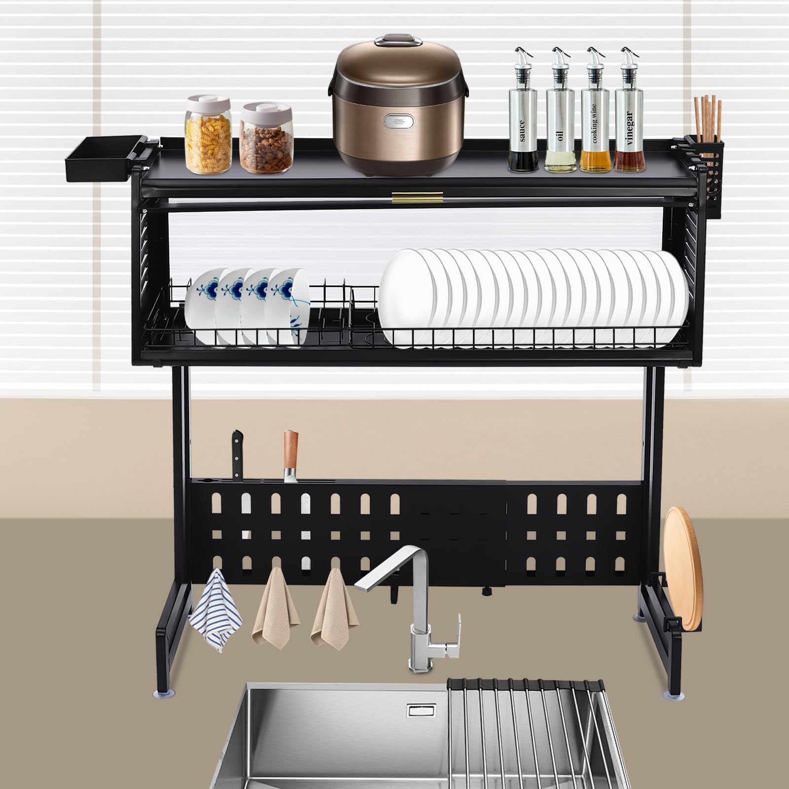 Scolapiatti Da Lavello 84.5 * 28 * 31cm Barra Portautensili Cucina Griglia Scolapiatti Lavello Cucina Con Mobile Per Piatti Coltelli E Forchette Bacchette Taglieri (Nero)