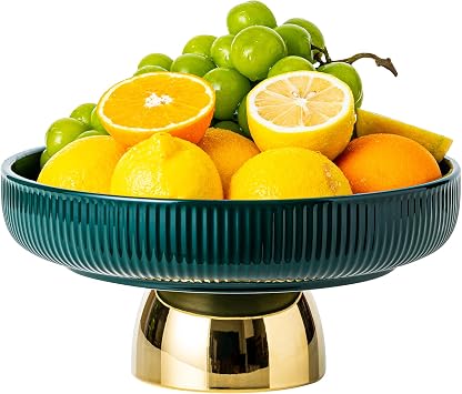 Ceramic Fruit Bowl, 11 Inch Dinner Table and Tea Coffee Pedestal Tray,Elegant and Practical Bread and Fruit Footed Bowls, Salad or Dessert Display Trays for Kitchen Counter Green.
