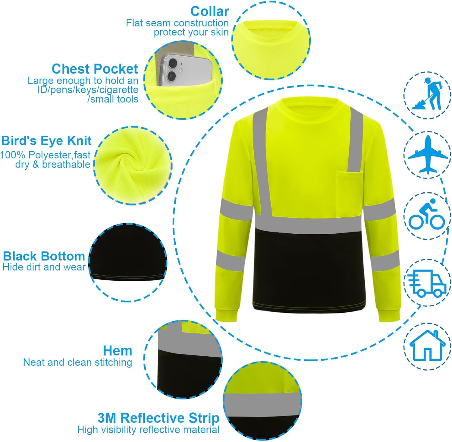 Hi Vis Safety T Shirt Class 3 Reflective Black Bottom Long Sleeve High Visibility Shirts 3pcs