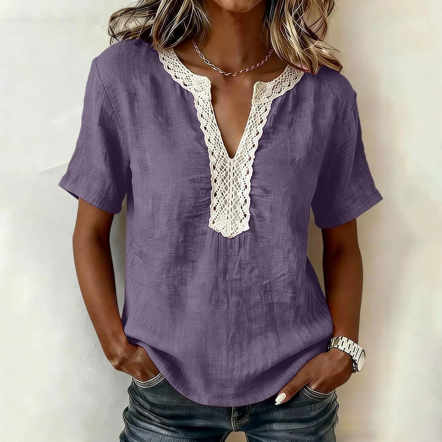 Cotton Linen Shirts for Women Short Sleeve Boho Peasant Tops Fashion Dressy Cut V Neck Lace Blouses Flowy Gauze Tunics