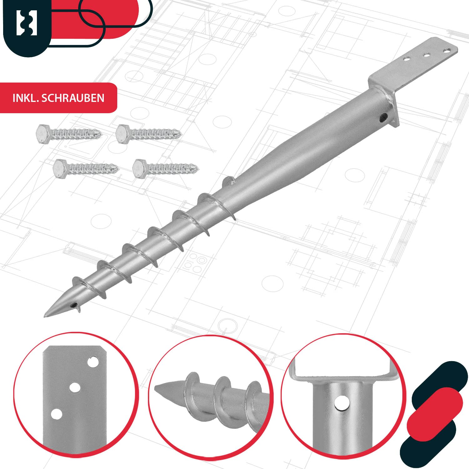 KOTARBAU® 4 Stk. L Pfostenträger zum Einschrauben L 735mm verzinkter Stahl Einschlaghülse Einschlagbodenhülse Pfostensockel L-Bolzen Erdanker Erdungsspieß Anker Holzpfosten Pavillon-Zäune Gartenzaun