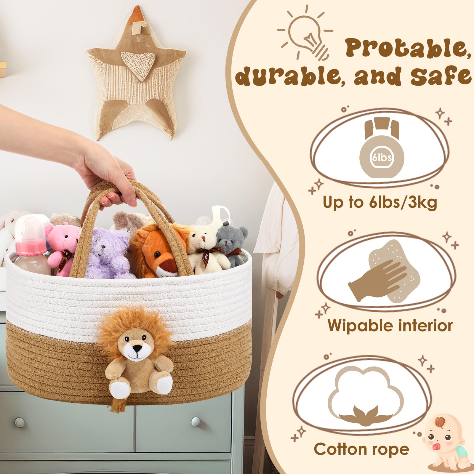 FoldTier Lion Baby-Wickeltasche, Organizer, Baumwollseil, Kinderzimmer, Aufbewahrungskorb, Babyparty, Geschenkkorb, tragbare Halterung, Tragetasche mit Griff für Wickeltisch, Auto, Reise, Geschenk für