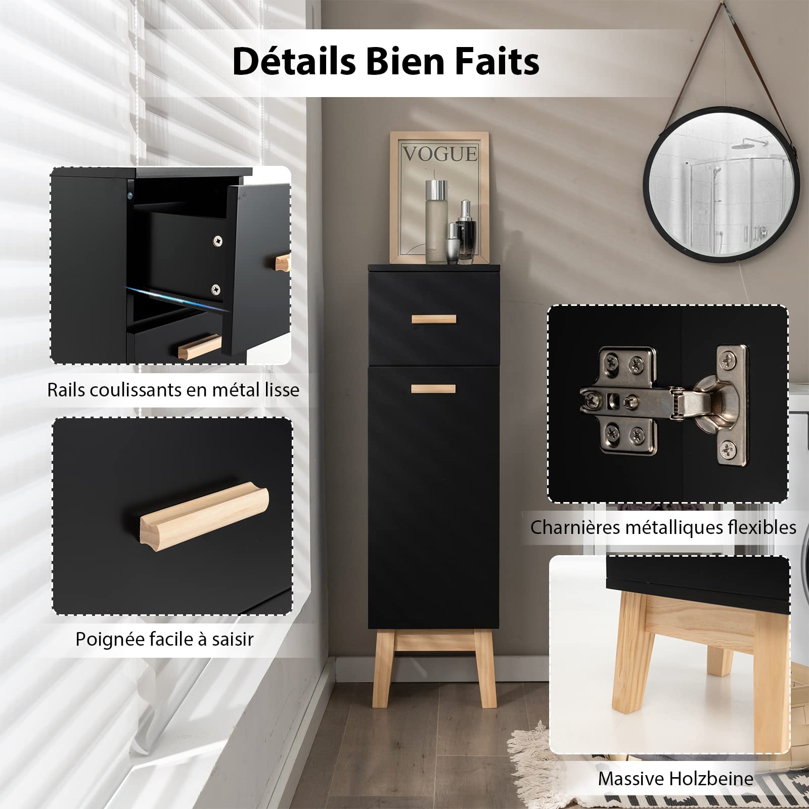 COSTWAY Meuble Autoportant de Salle de Bain avec 1 Tiroir et 1 Porte,Armoire de Rangement sur Pieds avec Etagères Réglables,Placard en Bois Moderne pour Salon Cuisine,30 x 30 x 102cm,Noir