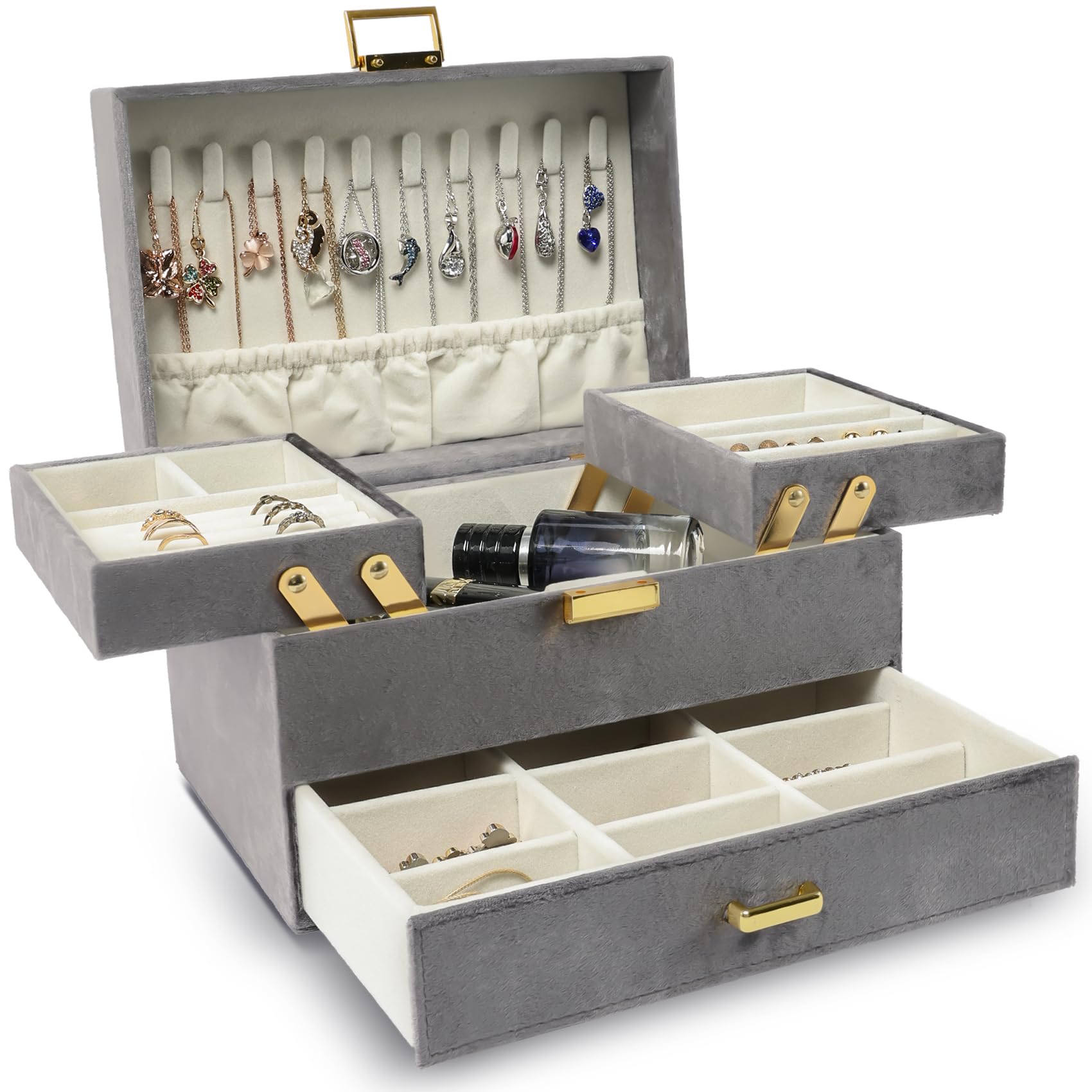 Dajasan Portagioie Grande Con Specchio E Cassetti - Organizer Per Gioielli In Legno Verde Avocado, Scatola Regalo Per Compleanno E Feste - 5