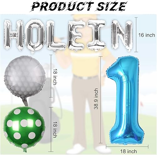Miniatura 3 de Decoraciones de cumpleaños con agujero en uno para niños con temática de golf, globos de bola de golf con agujero en uno, globo azul número 1,