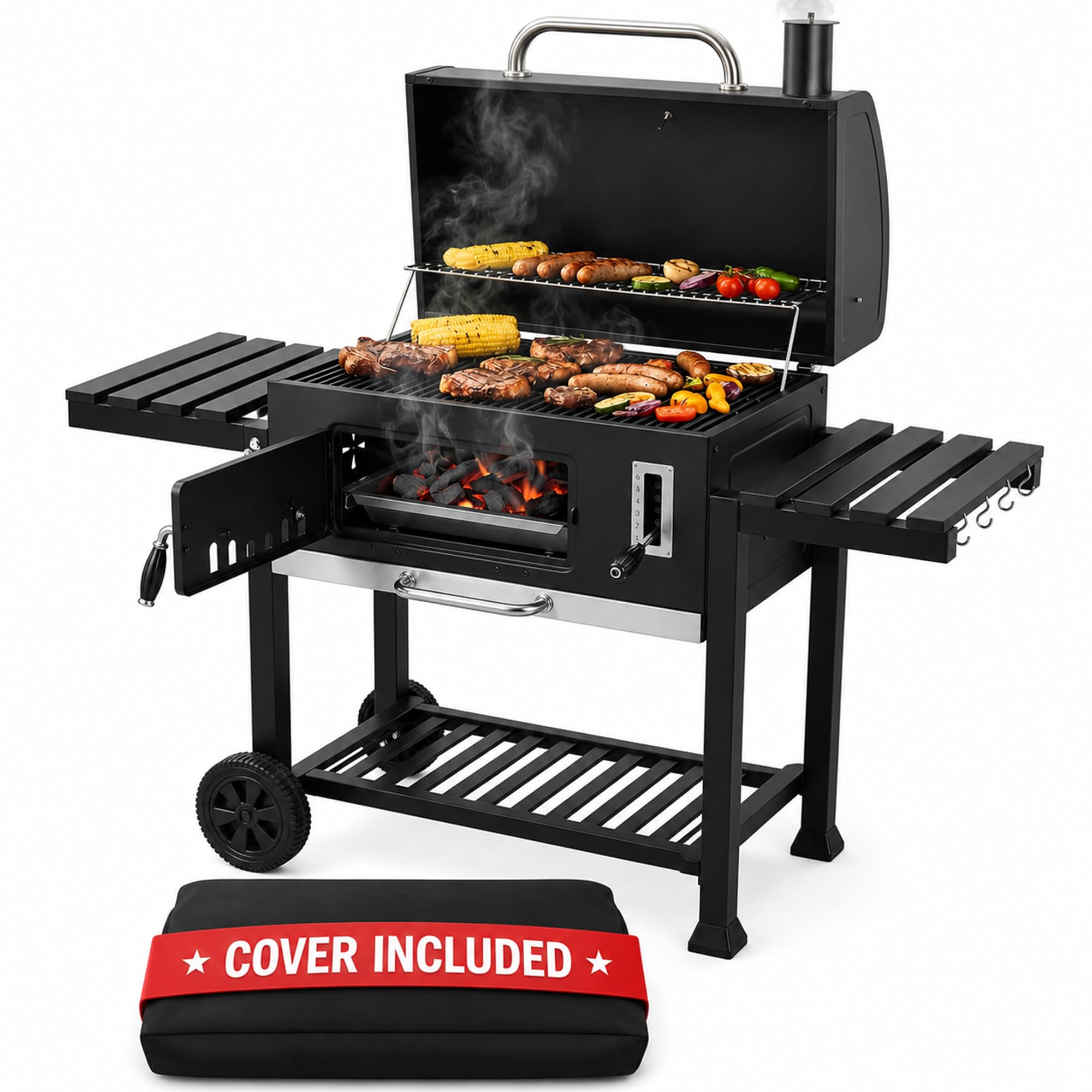 XXL Charcoal BBQ Grill with Cover - Includes two Foldable side tables Charcoal BBQ – Barbecue with Warming Rack, Adjustable Height, Temperature Gauge, Ash Tray, Storage Shelf, Wheels