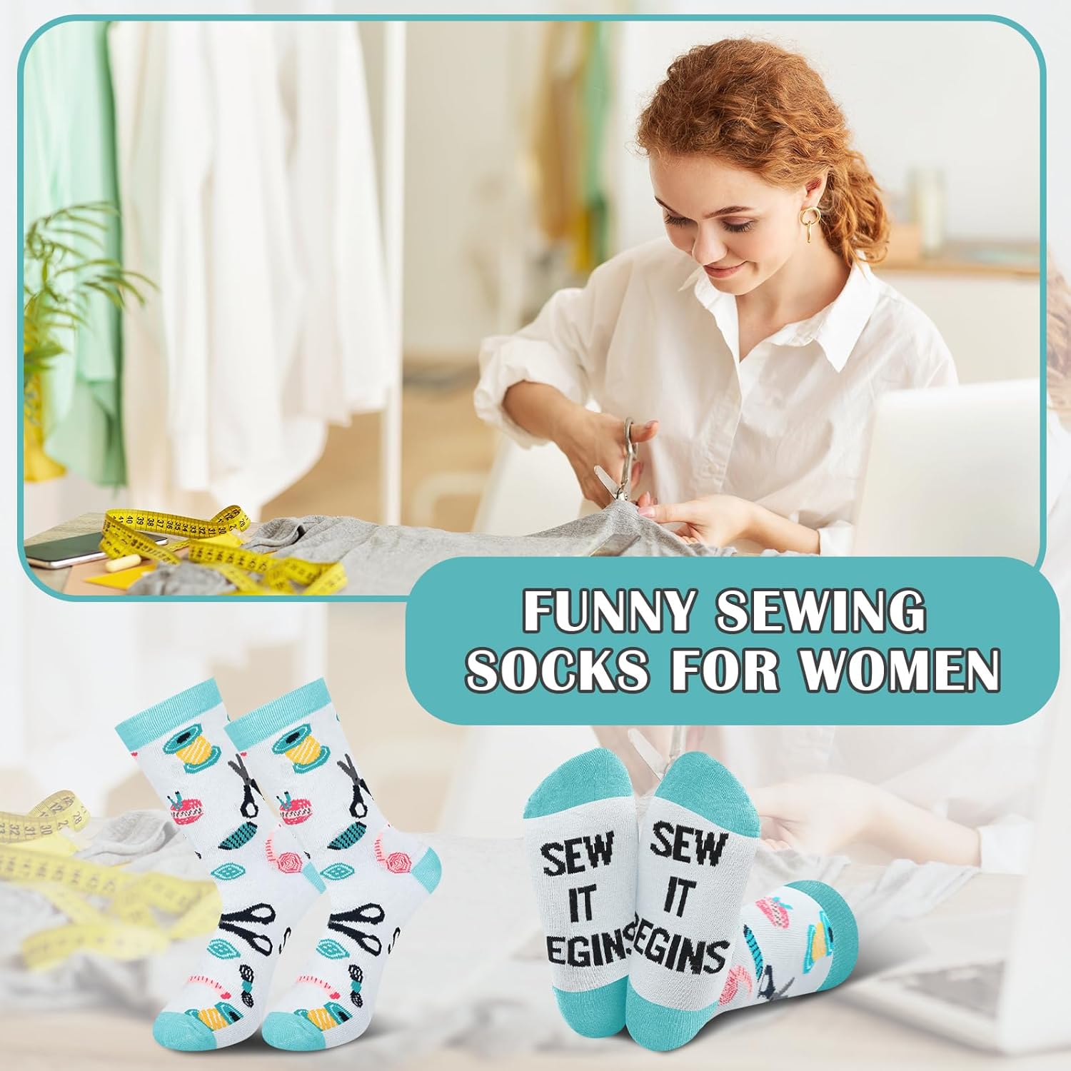 Ramede 8 Pairs Sewing Socks Funny Quilting Themed Crew Socks Quilter Lover Gift for Sewing Lover Quilters Seamstress Mom - Image 5