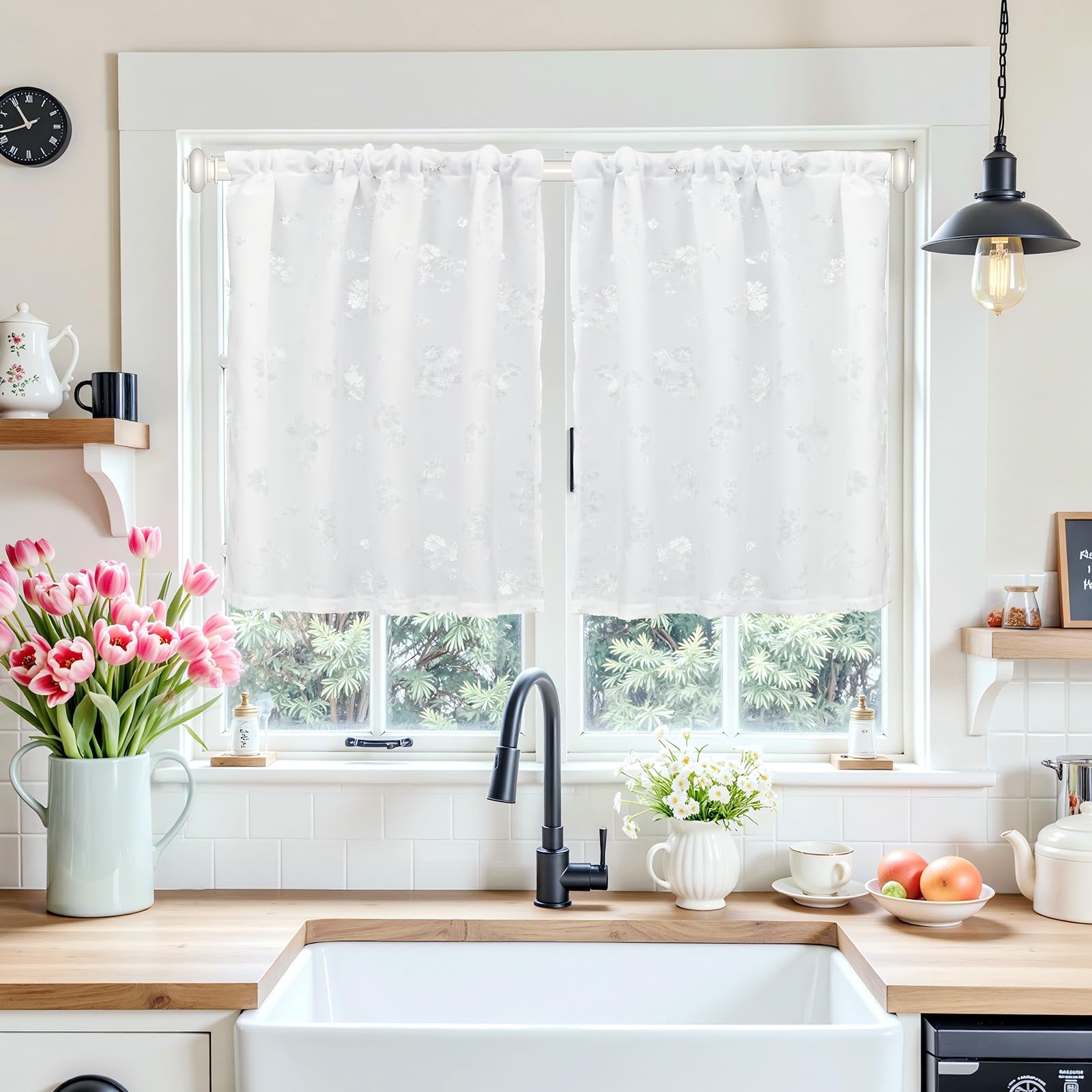 Mocsicka Bohemian Aesthetic Kitchen Curtains with Floral Lace Embroidery, Premium Voile Sheer Window Treatments for Kitchen, Cafe, Living Room & Bedroom UV Protection (White, 36''x30'', Set 2)