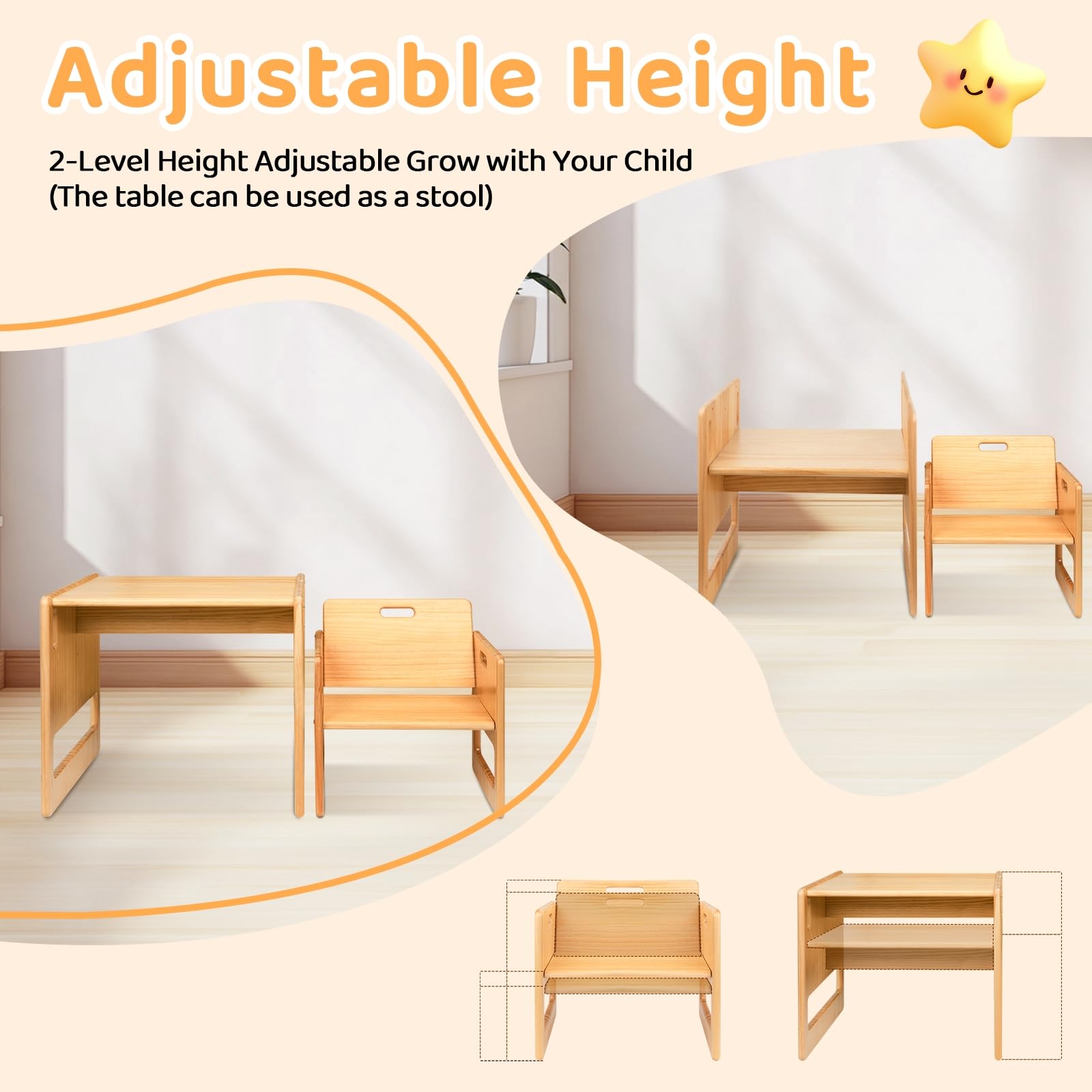 Montessori Ensemble table et chaises pour tout-petits de 1 à 3 ans, hauteur réglable, table et chaise pour lire/manger/jeux, facile à monter