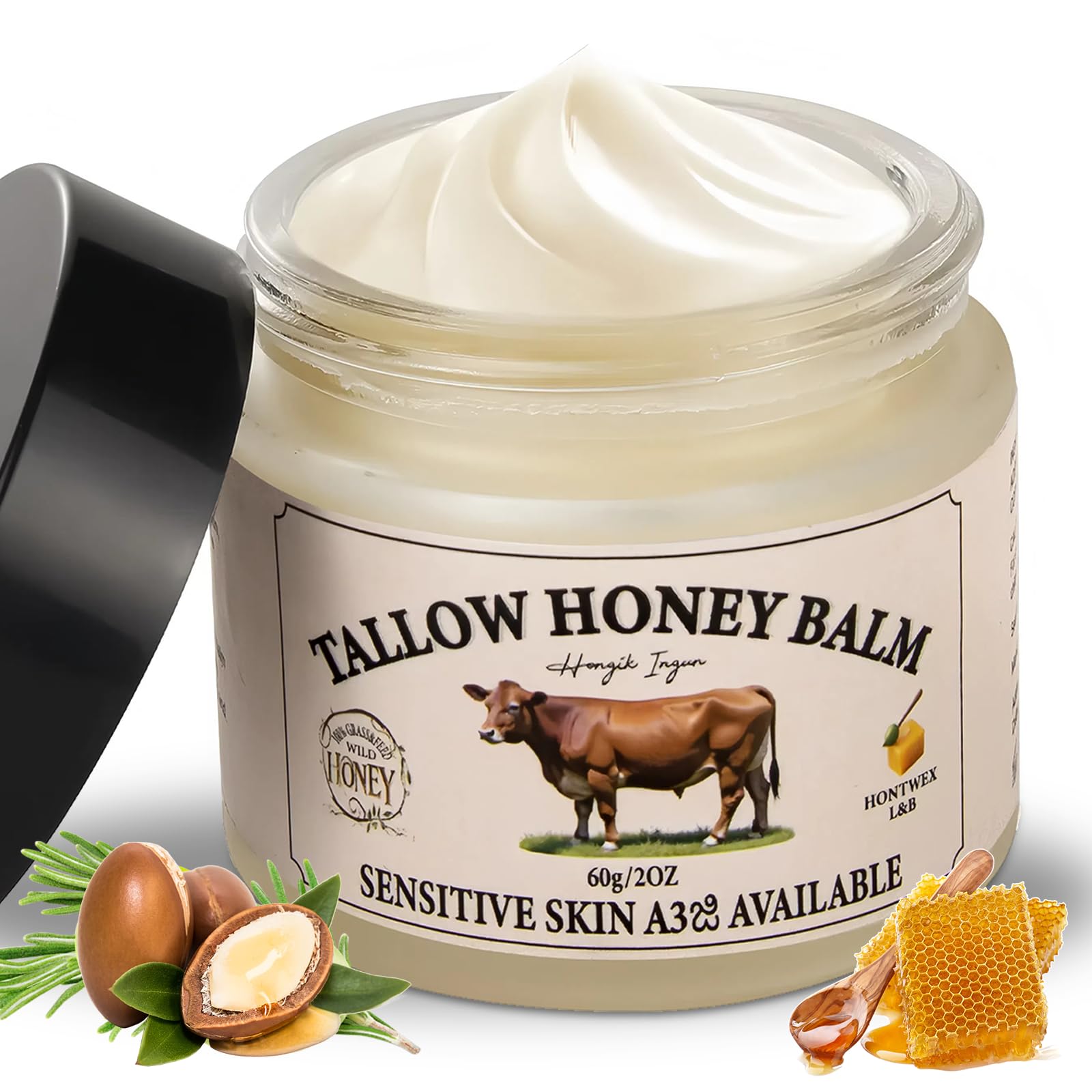 Beef Tallow for Skin, Whipped Tallow and Honey Balm Tallow Face Moisturizer, 100% Pure Beef Tallow Balm Blend of Vitamins Grass Fed Beef Tallow, All-Natural Moisturizer Hydrates and Nourishes the Skin