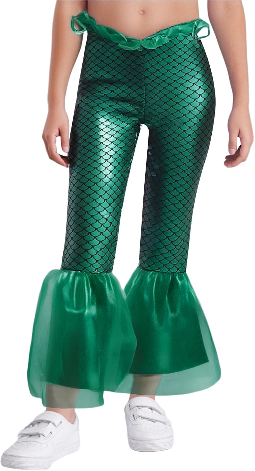 Girls Mermaid Scale Leggings Bell Bottom Pants 6-16 Years | Vintage, Elastic Waistband, Flared Hem, Disco Theme Party, Pull On