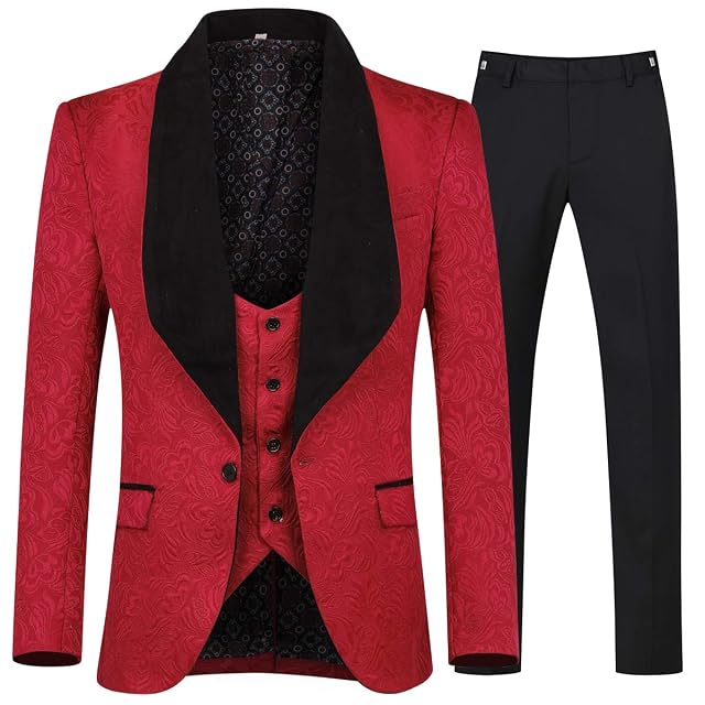 YFFUSHI Mens 3 Piece Suit Slim Fit Jacquard Tuxedo 1 Button Shawl Collar Blazer Vest Pants for Wedding