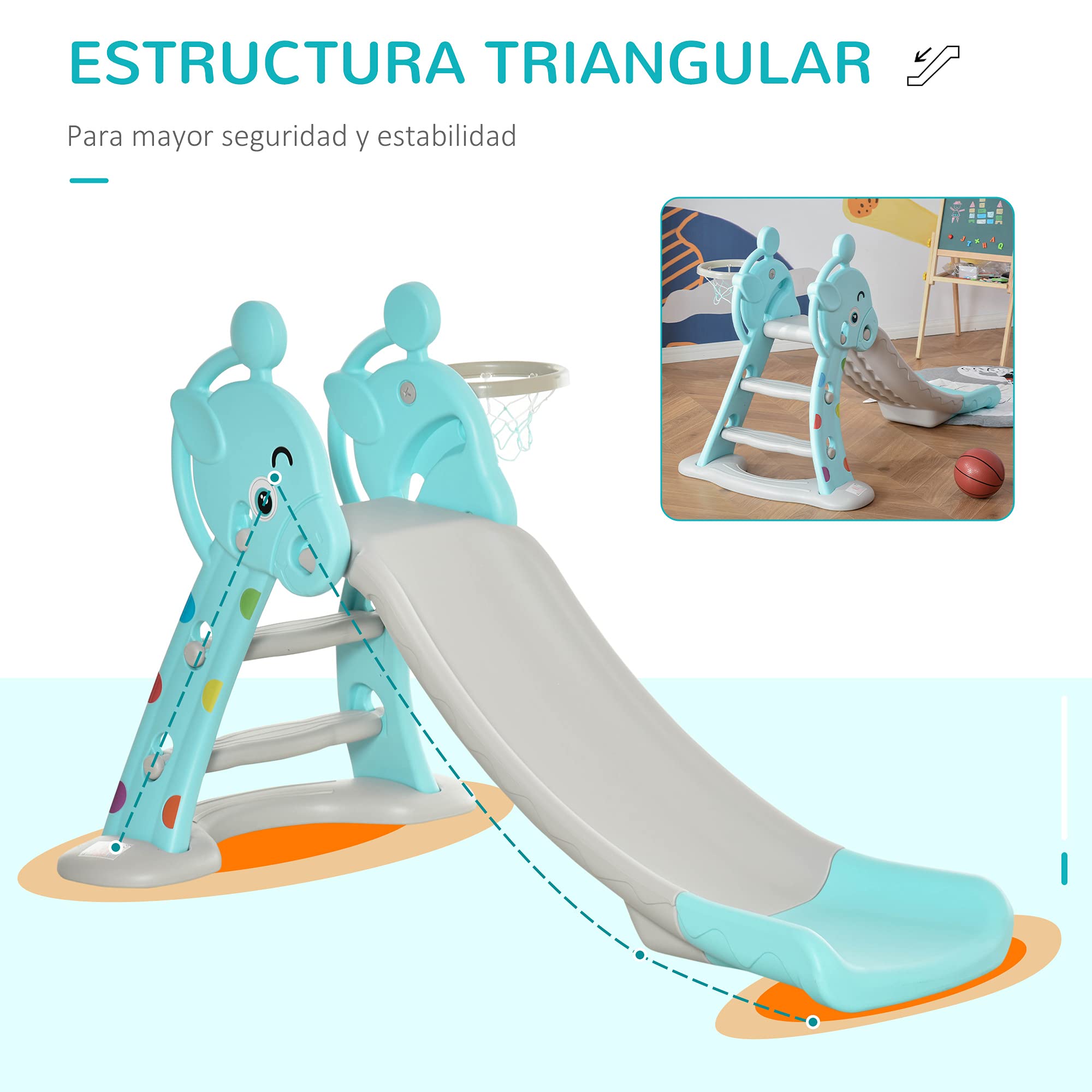 HOMCOM Tobogán para Niños +18 Meses Plegable 2 en 1 con Canasta de Baloncesto Modelo Jirafa Juguete Infantil para Interiores y Exteriores 147x82x85,5 cm Azul y Gris