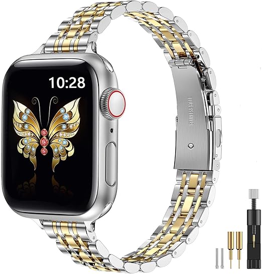MioHHR Slim Metal Band Compatible with Apple Watch Band 42mm(Series 10) 41mm 40mm 38mm,Dressy Stainless Steel Chain Strap for Women iWatch Bands Series 9 8 7 6 5 4 3 2 1 SE,Silver/Gold