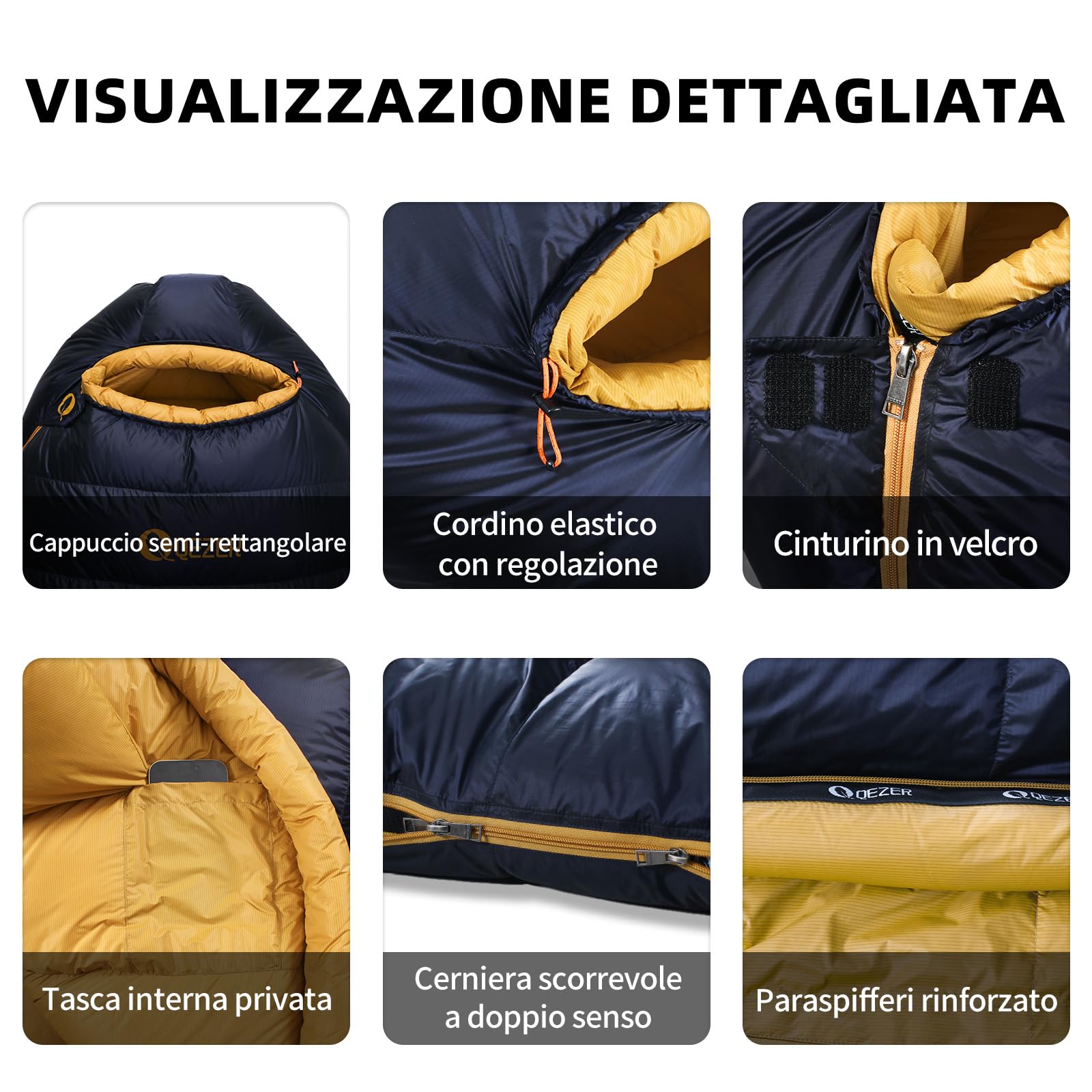 Sacco a pelo in piuma, fodera in grafene antistatico e super caldo, sacco a pelo ultraleggero 620 FP (RDS), temperature confortevoli da 0 °C a -8 °C