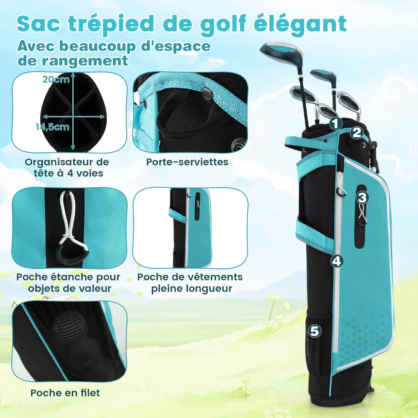 COSTWAY Ensemble Club de Golf Portable pour Enfants, Set de Golf Complet Sac Trépied avec Capuche Anti-Pluie, pour Droitier