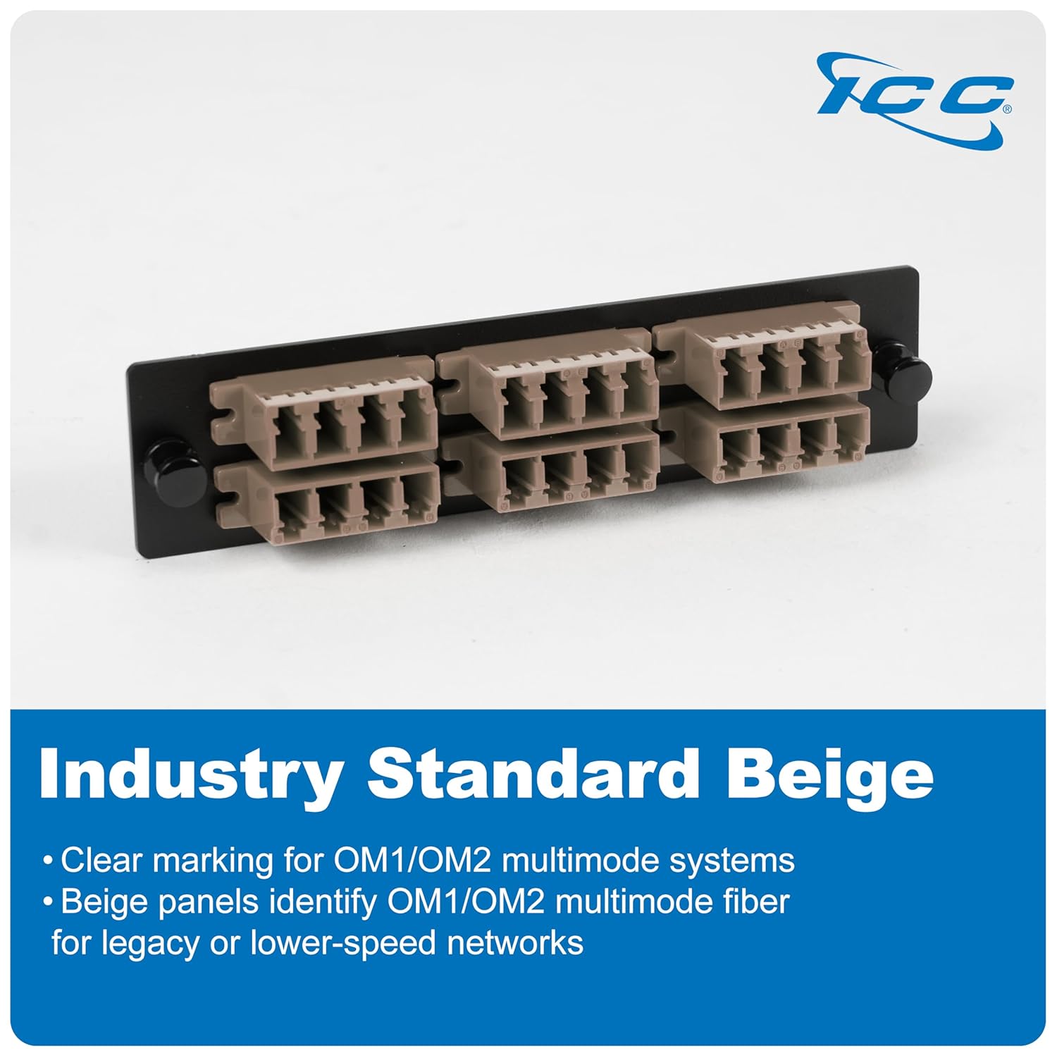ICC LC-LC Fiber Optic Adapter Panel, LGX Compatible, 24 Fibers, Multimode, Beige 94V-0 Adapters, Push Fasteners, Black Steel
