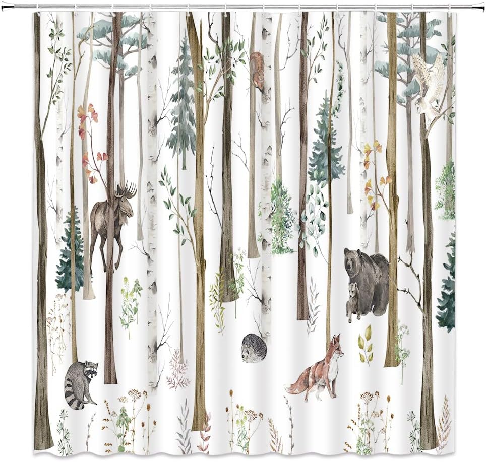 Forest Animal Shower Curtain Rustic Lodge Forest Cabin Bear Deer Moose Fox Squirrel Bird Wild Animal Safari Country Farmhouse Fabric Bathroom Sets with Hooks,White Green
