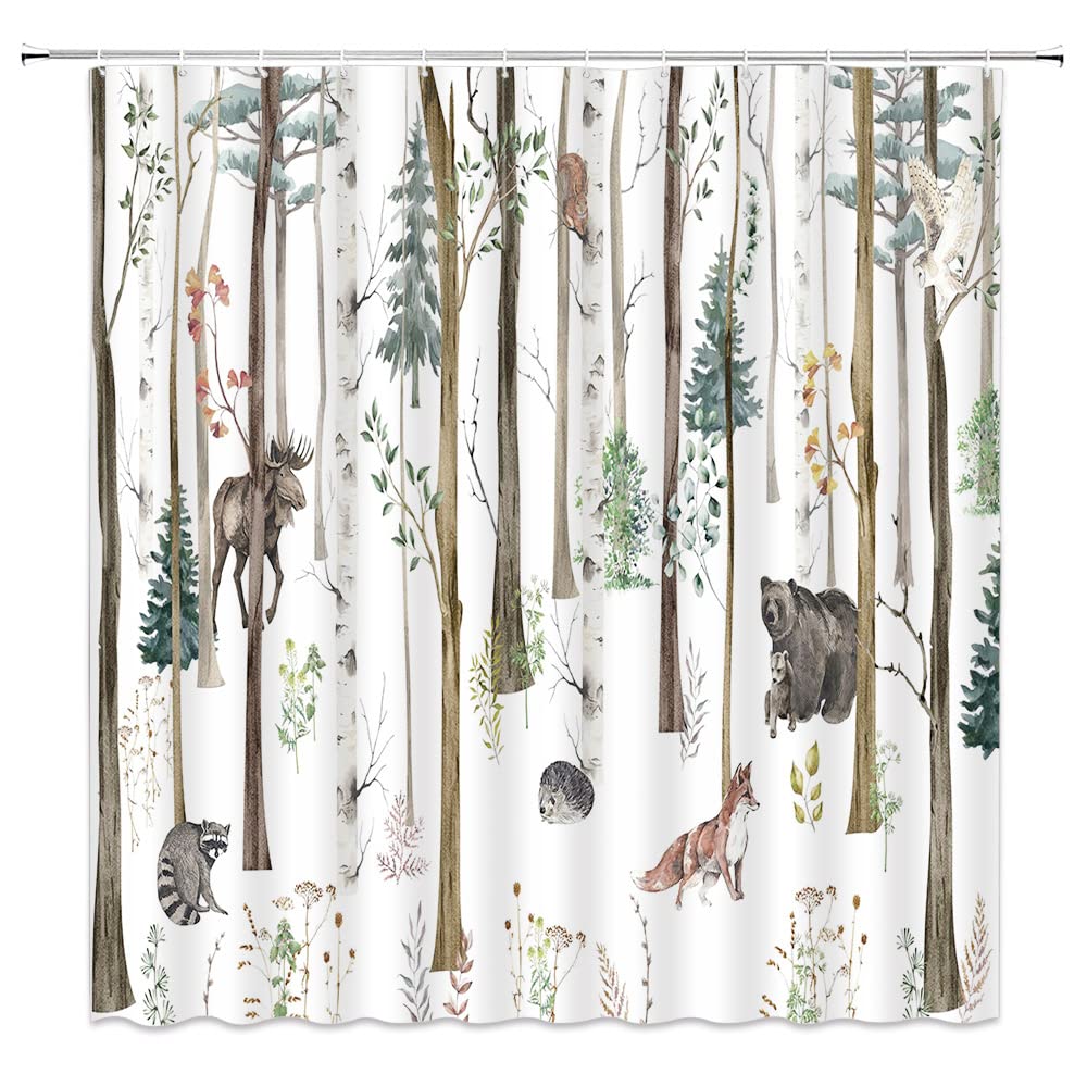 Forest Animal Shower Curtain Rustic Lodge Forest Cabin Bear Deer Moose Fox Squirrel Bird Wild Animal Safari Country Farmhouse Fabric Bathroom Sets with Hooks,White Green