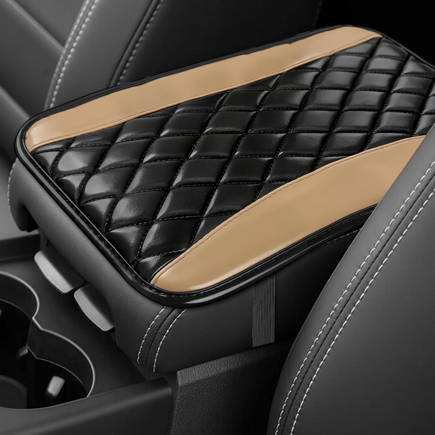 Car Center Console Cushion Pad, Car Center Console Cover, Universal Leather Waterproof Armrest Seat Box Cover, Comfortable Auto Armrest Cover Protector Universal for Most Vehicles (Beige)