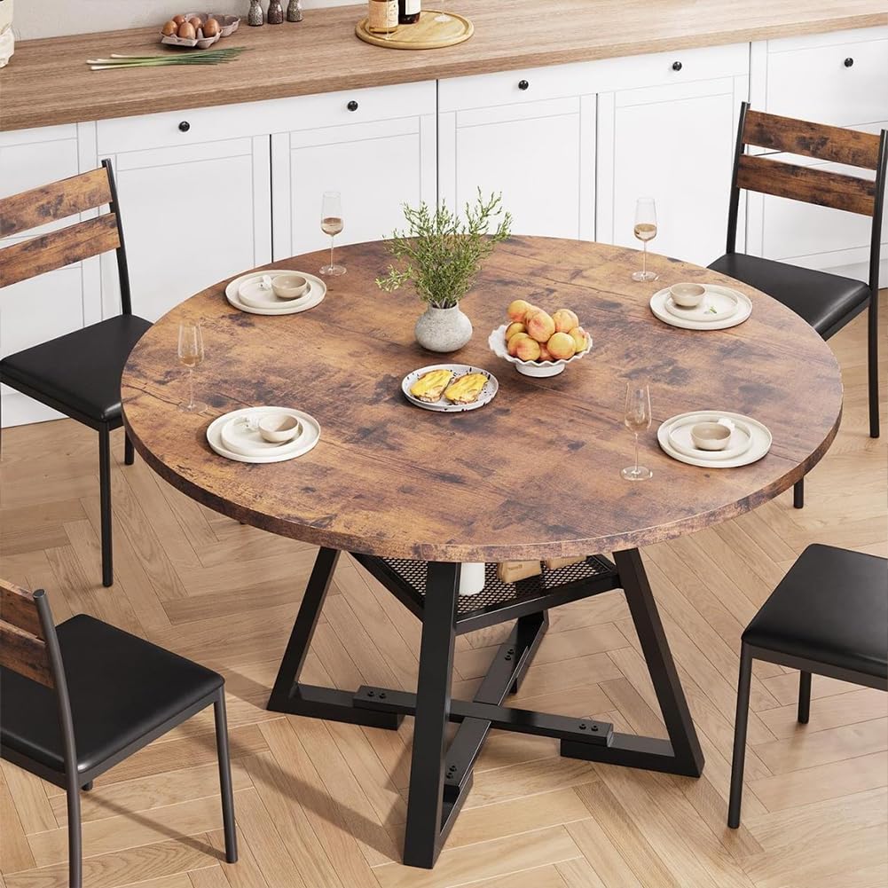 Shally Dogan Tavolo Rotondo per Sala da Pranzo e Cucina Diametro 120 cm con Gambe in Metallo, Design Industrial Vintage con Ripiano Portaoggetti Inferiore e Piano in Legno, Ideale per Casa e Ufficio