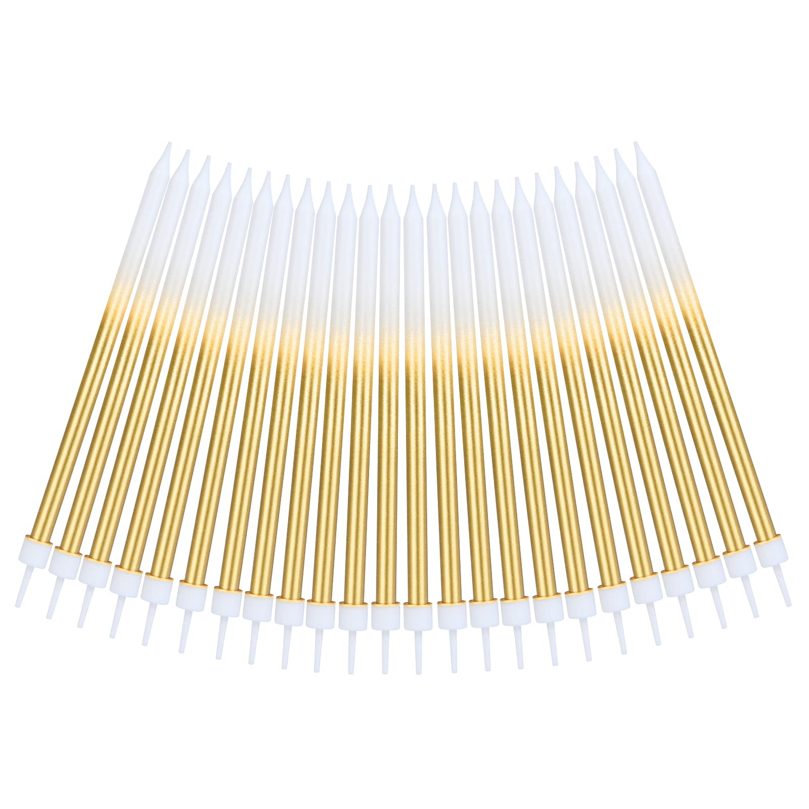 URAQT Geburtstagskerzen Kuchen, 24 Stück Lange Metallisch Geburtstagskerzen mit Haltern für Kinder & Erwachsene, Dekorative Geburtstagstorte, Hochzeitsparty, Abschlussfeier (Weiß&Gold)