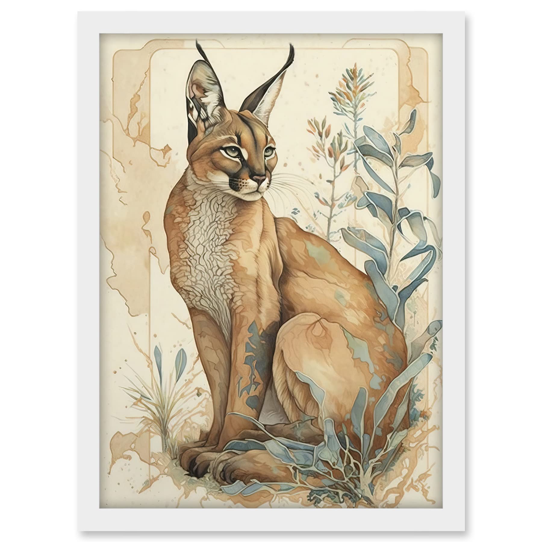Artery8 Caracal Cat with Teal Plants Modern Pastel Watercolour Illustration Artwork Framed A3 Wall Art Print