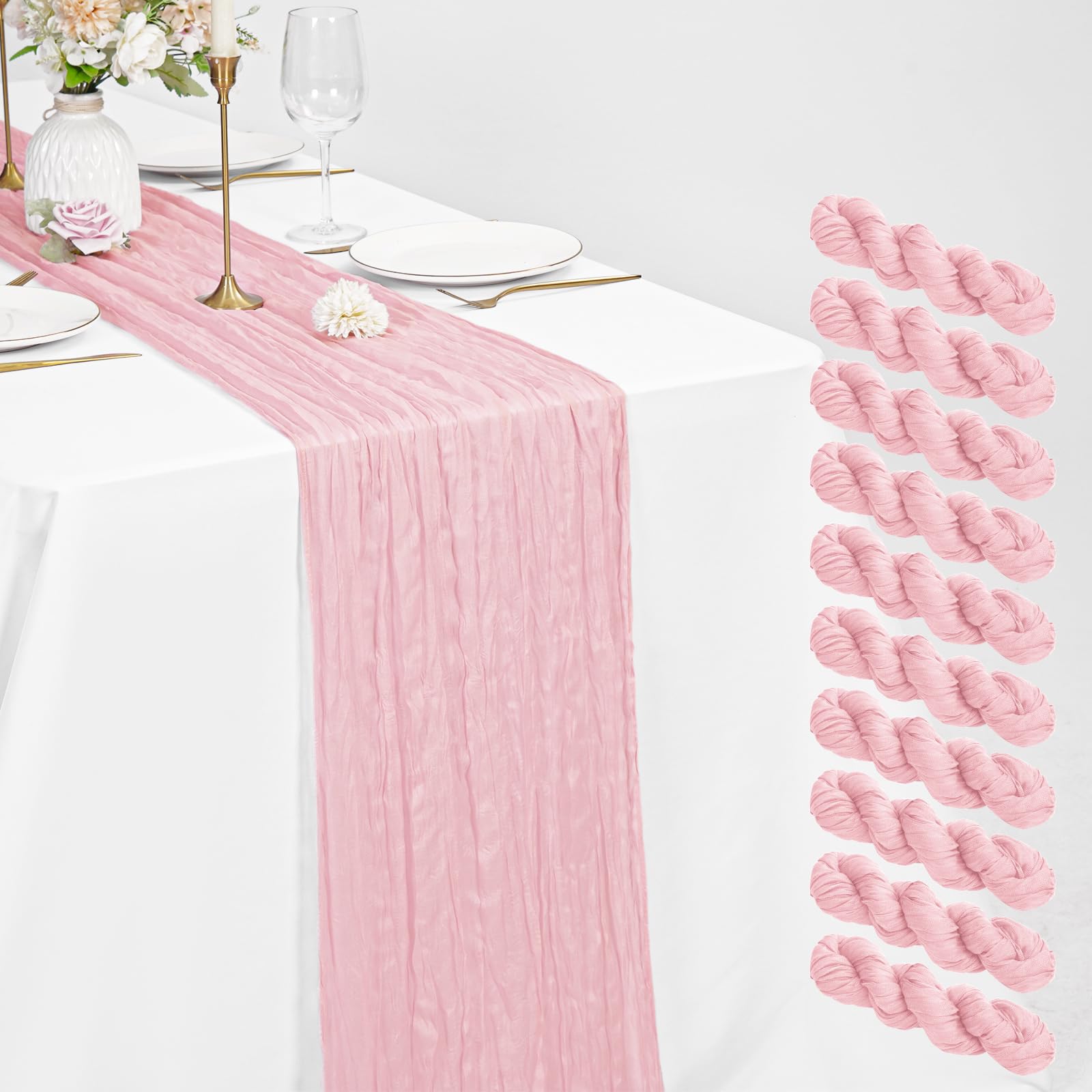 10 Pack Cheesecloth Table Runner Light Pink 21 x 120 inch Rustic Boho Gauze Fabric Table Runner Romantic Long Cheesecloth Table Runner for Wedding, Festival,