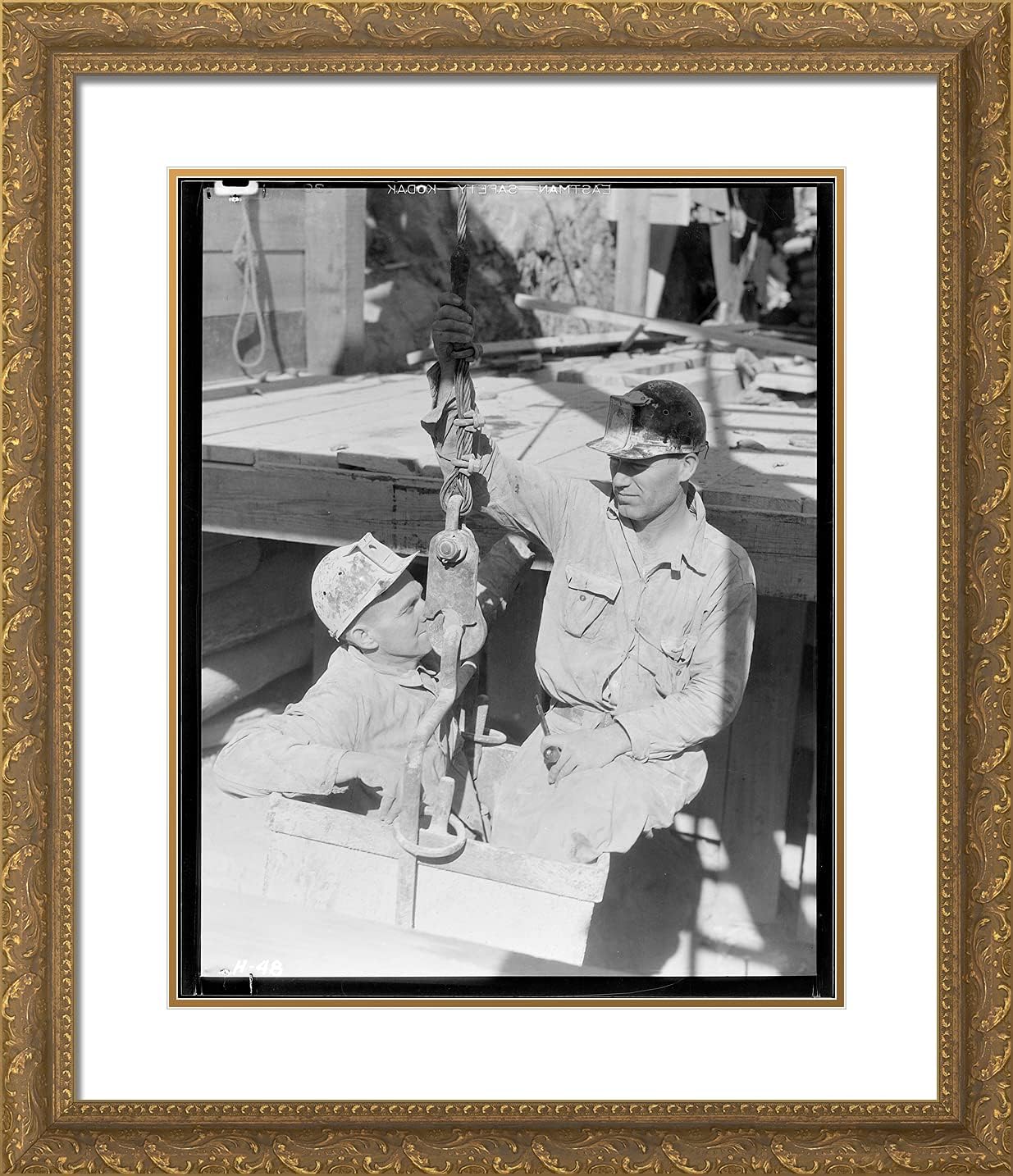 ArtDirect Hine, Lewis Wickes 20x23 Gold Ornate Framed Art Print with Double Matting Titled: Shaftmen at the Mouth of the Vertical Test Shaft for Examination of Substrata at Norris Dam Site