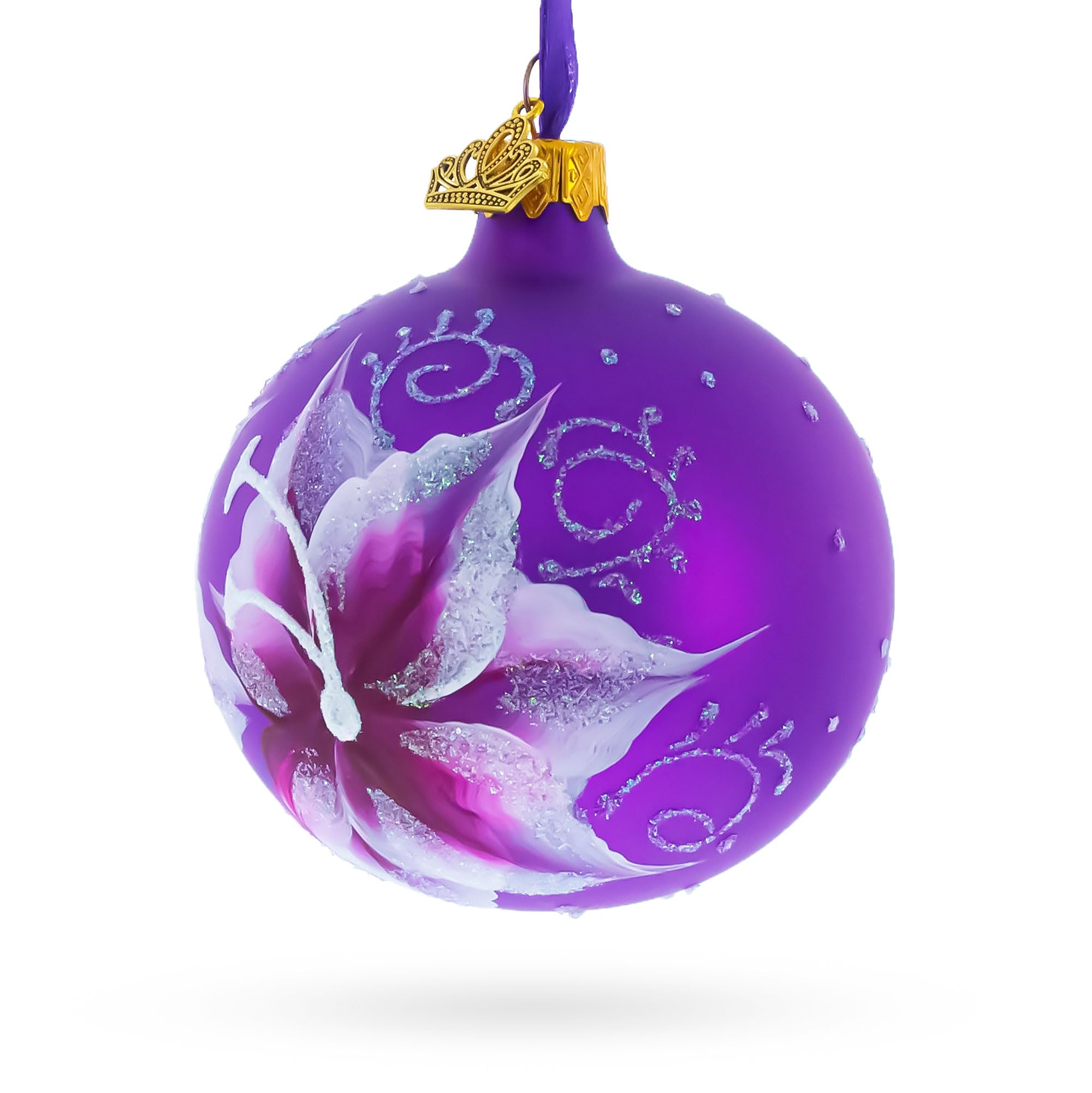 Bola de vidrio soplado con flores de lirio púrpura graciosas de 3.25 pulgadas como adorno de Navidad.