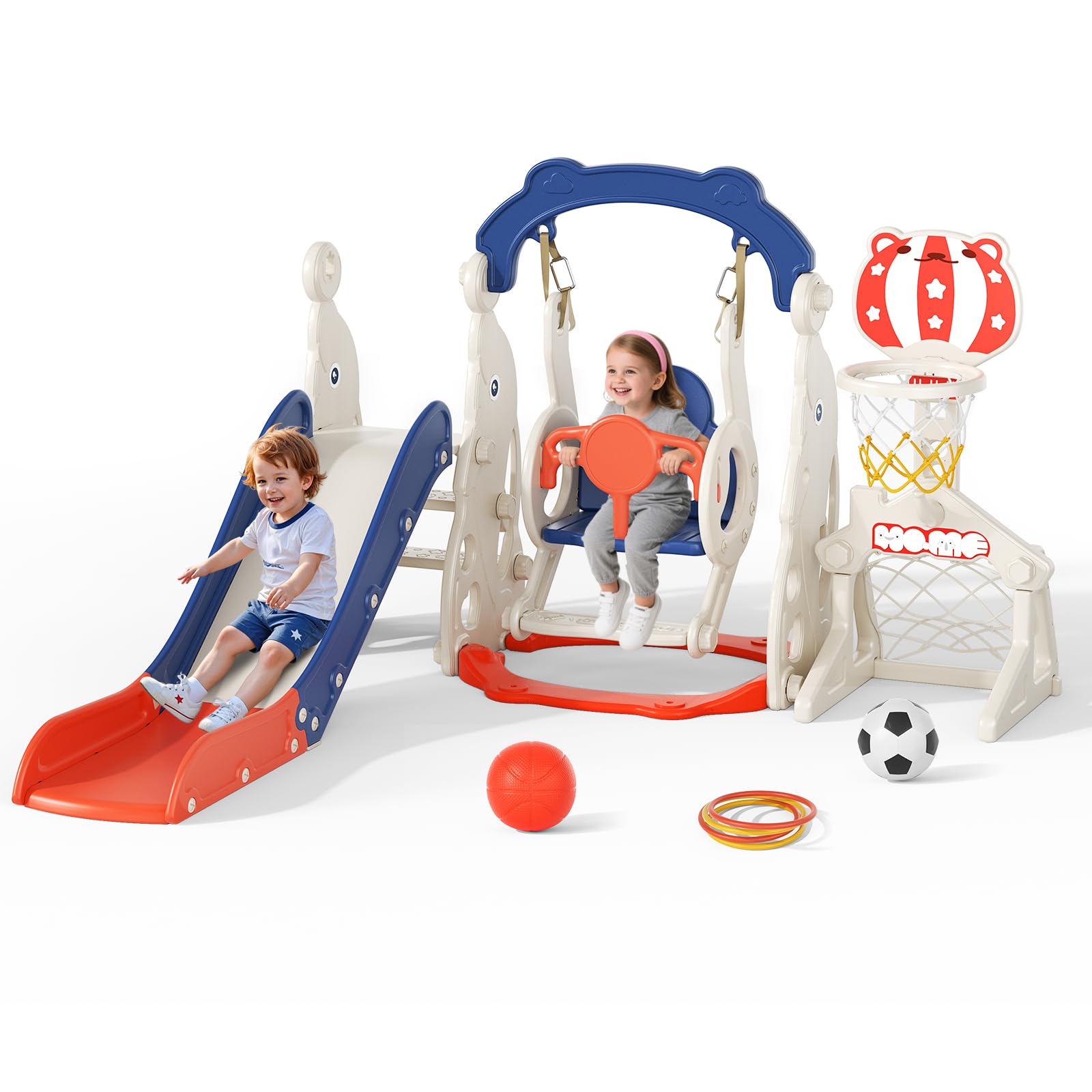 Slide per bambini ispessiti e allargati, scivolo per bambini piccoli indipendente con canestro da basket, attrezzatura per parco giochi con scivolo, scivoli all'aperto (blu rosso-6 in 1)