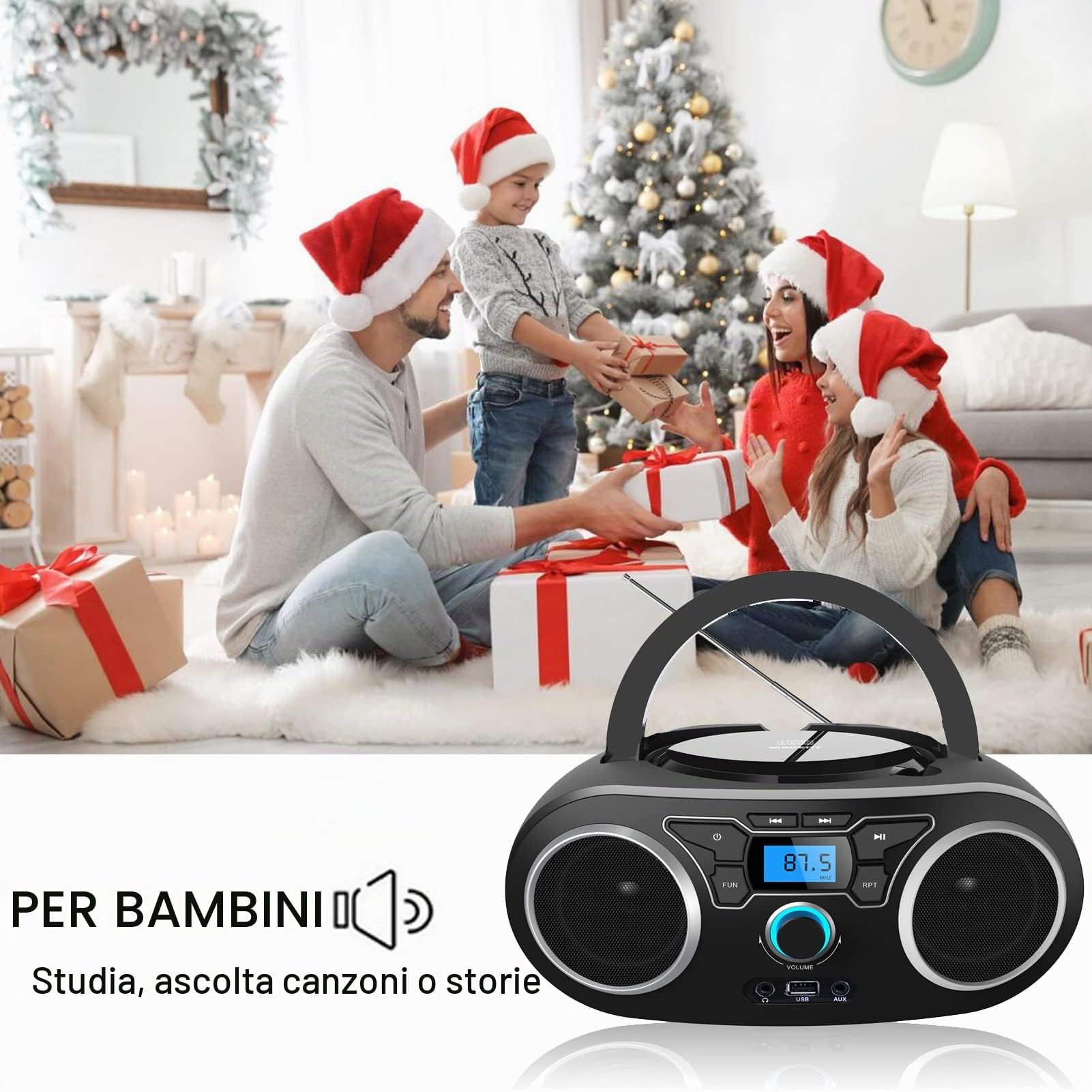 WISCENT Lettore CD Boombox Portatile - Stereo con Radio FM, Ingresso Bluetooth, USB, AUX, Uscita Auricolari, Audio Domestico Compatto, AC o Alimentato a Batteria