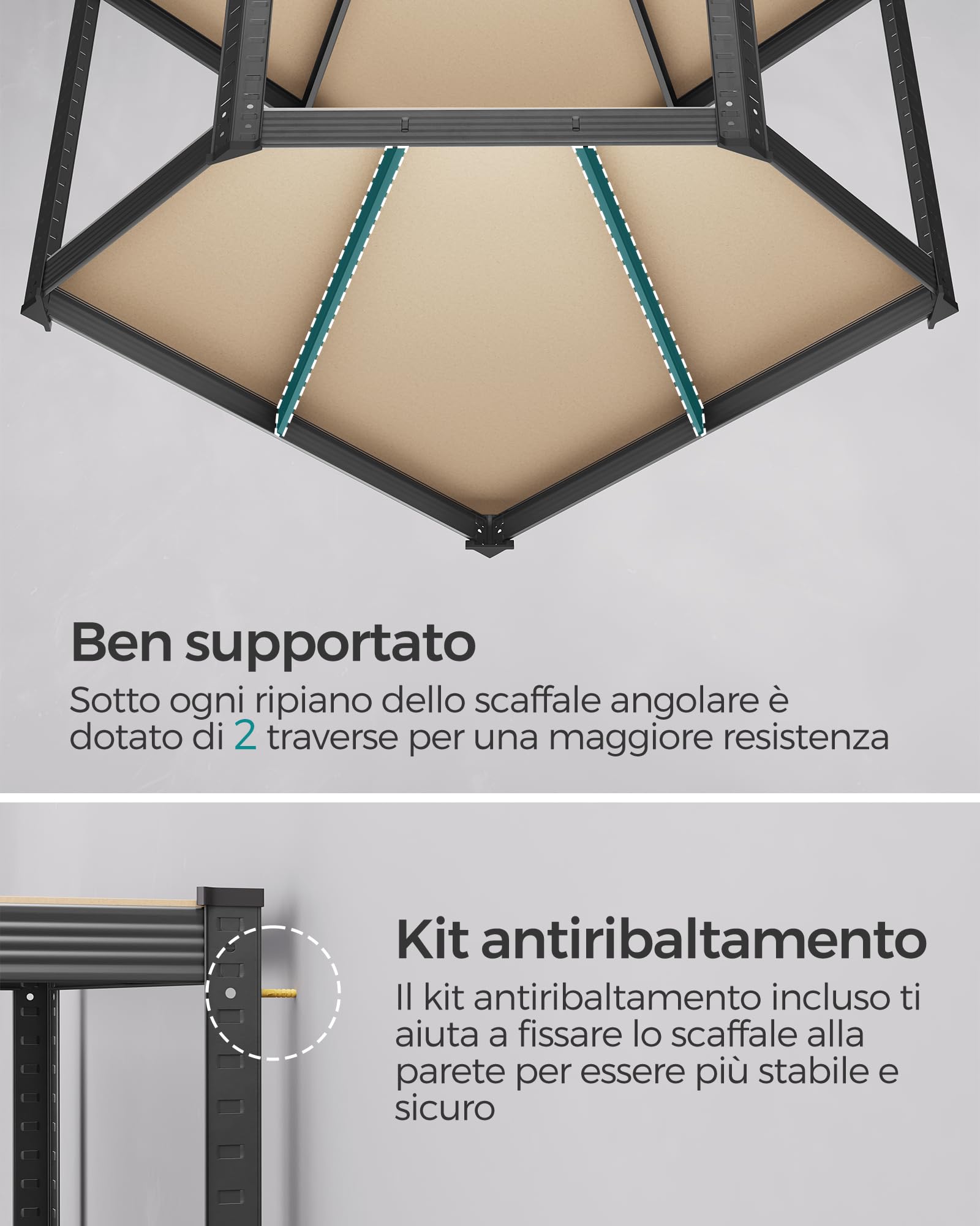 SONGMICS Scaffale Angolare a 5 Ripiani, Scaffalatura ad Angolo in Acciaio per Carichi Pesanti, per Garage, Ripostiglio, Magazzino, Portante 875 kg, Nero Inchiostro e Beige Naturale GLR080B01