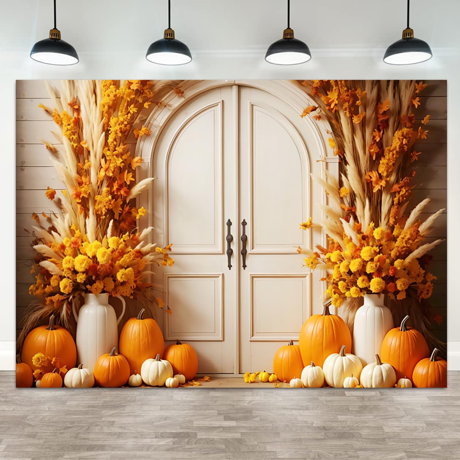 ASDCXZ 5x3ft Fall Backdrop Harvest Pumpkin White Barn Photography Background Maple Leaves Wooden Door Thanksgiving Day Party Banner Decorations Yellow