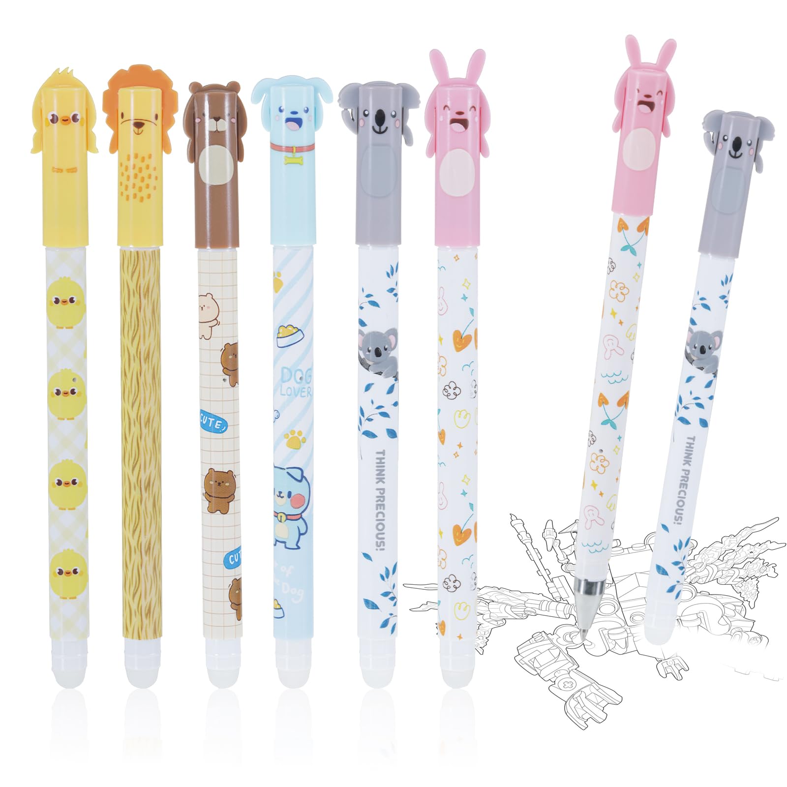 Guangcailun 6PCS Erasable Pens Black Set, 6 Kinds of Rub Out Pens Animals, 0.5mm Fine Cute Pen, Cute Stationery Set for Kids and Adults